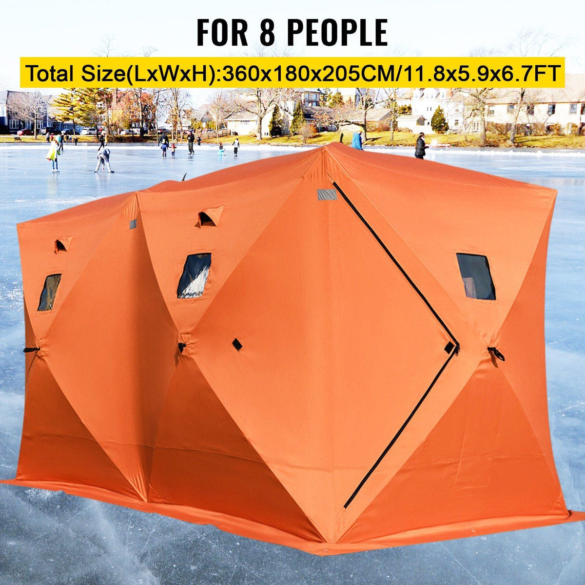8 Person Ice Fishing Shelter, Pop-Up Portable Insulated Ice Fishing Tent, Waterproof Oxford Fabric Orange