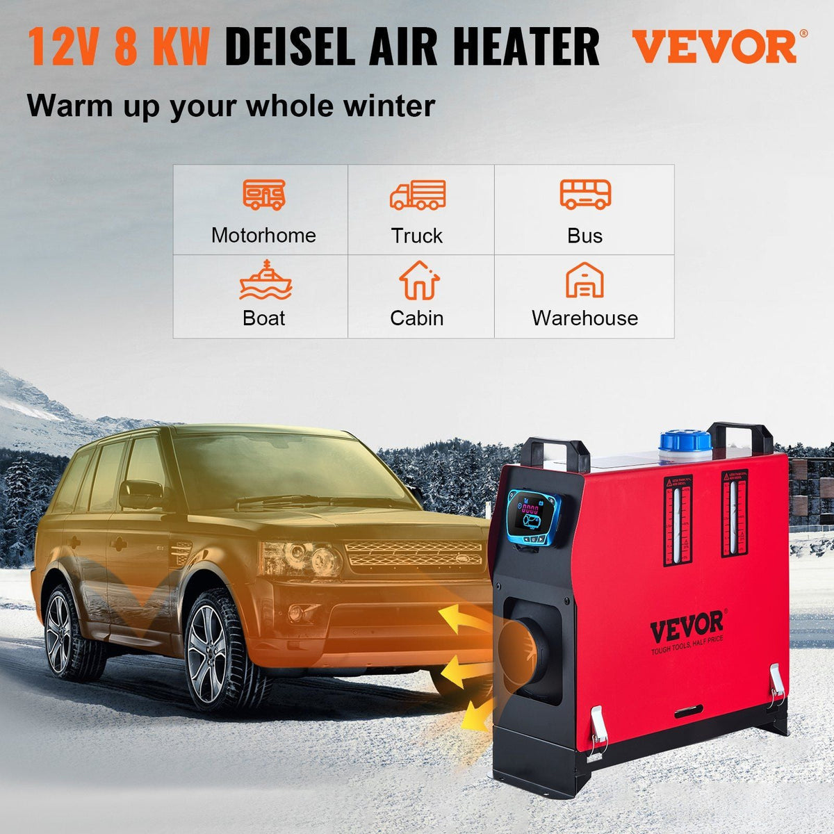 8KW Diesel Air Heater All in One 1 Air Outlet Diesel Heater 12V Remote Control Parking Heater Silencer with Blue LCD Switch for RV Trucks Bus and Trailer