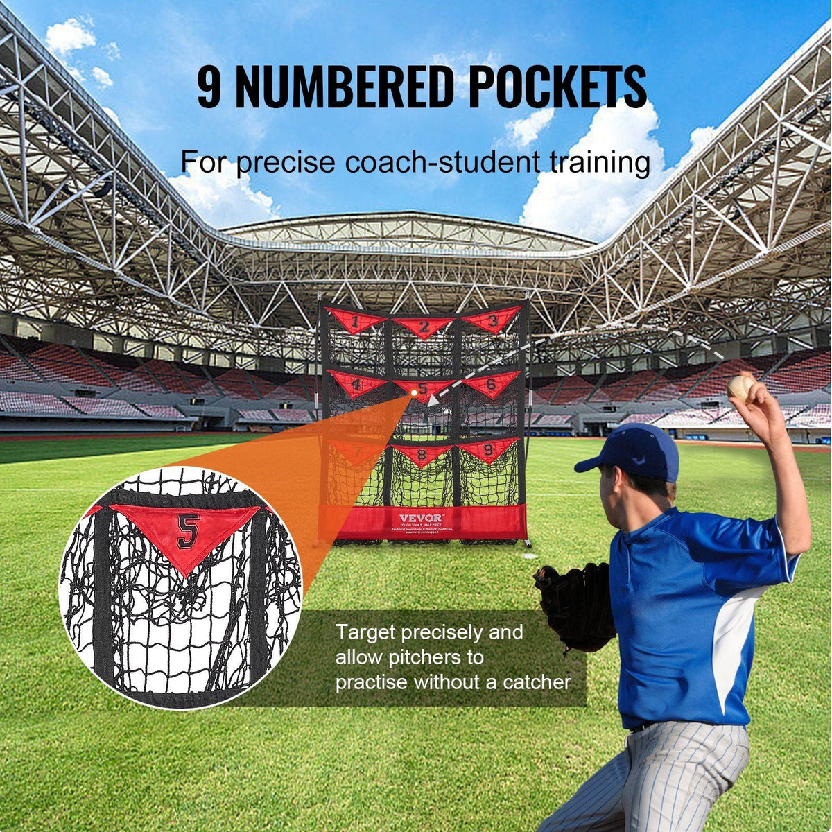 9 Hole Baseball Net, 49"x42" Softball Baseball Training Equipment for Hitting Pitching Practice, Portable Quick Assembly Trainer Aid with Carry Bag, Strike Zone, Ground Stakes, for Youth Adults