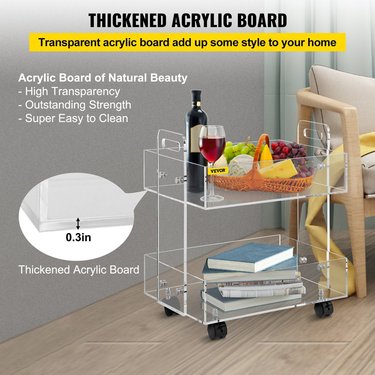 Acrylic Cart, 2 Tier, 0.3 in Thickened Board, Holds Up to 66 lbs, Acrylic Side Table with Lockable Swivel Wheels, for Office School Home, 13.4" x 15.7" x 19"