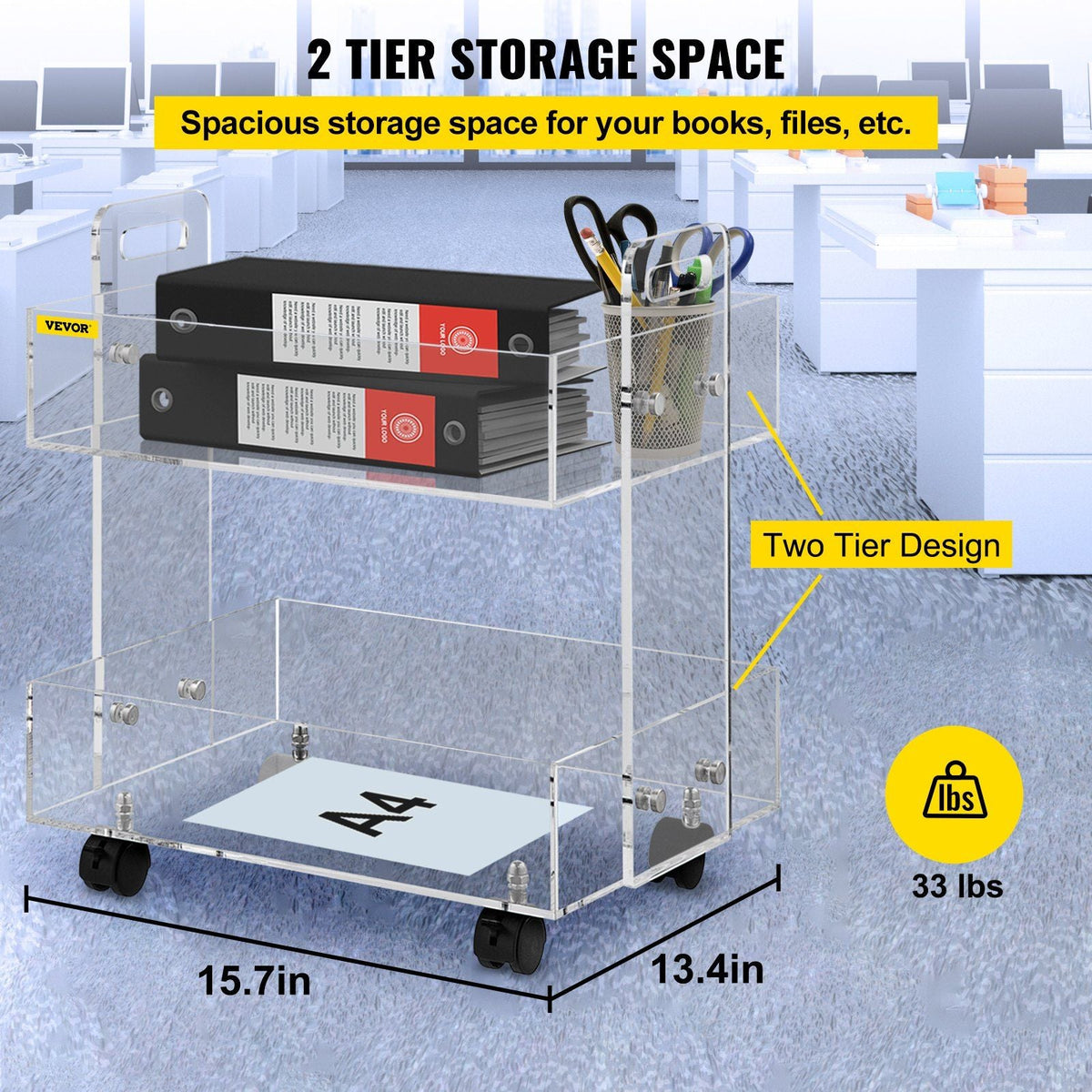 Acrylic Cart, 2 Tier, 0.3 in Thickened Board, Holds Up to 66 lbs, Acrylic Side Table with Lockable Swivel Wheels, for Office School Home, 13.4" x 15.7" x 19"