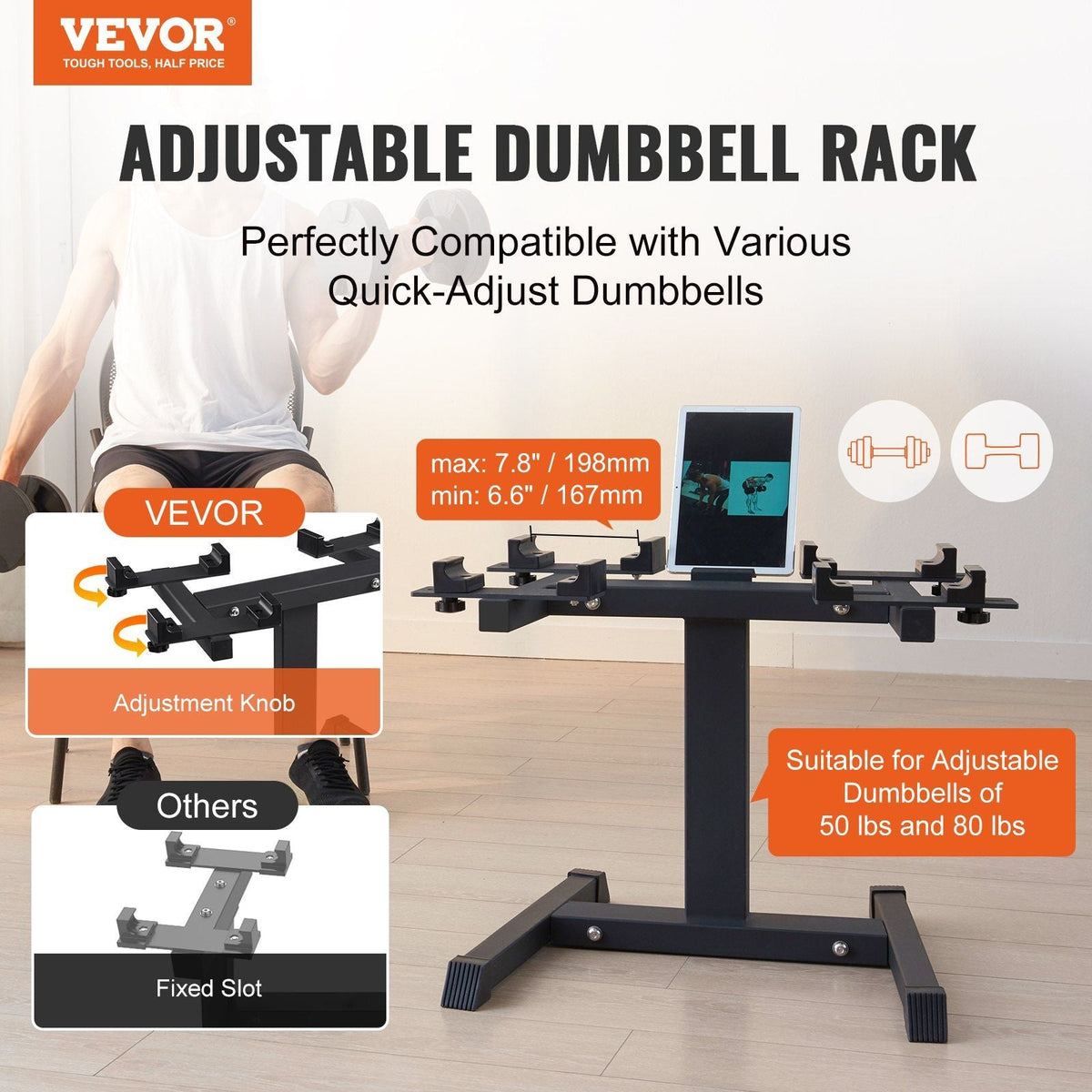 Adjustable Dumbbell Stand, Home Fitness Rack and Stand with Media Rack, Safe and Convenient Dumbbell Weight Holder, Compact Dumbbell Storage Rack Perfect for Home Gym Strength Training