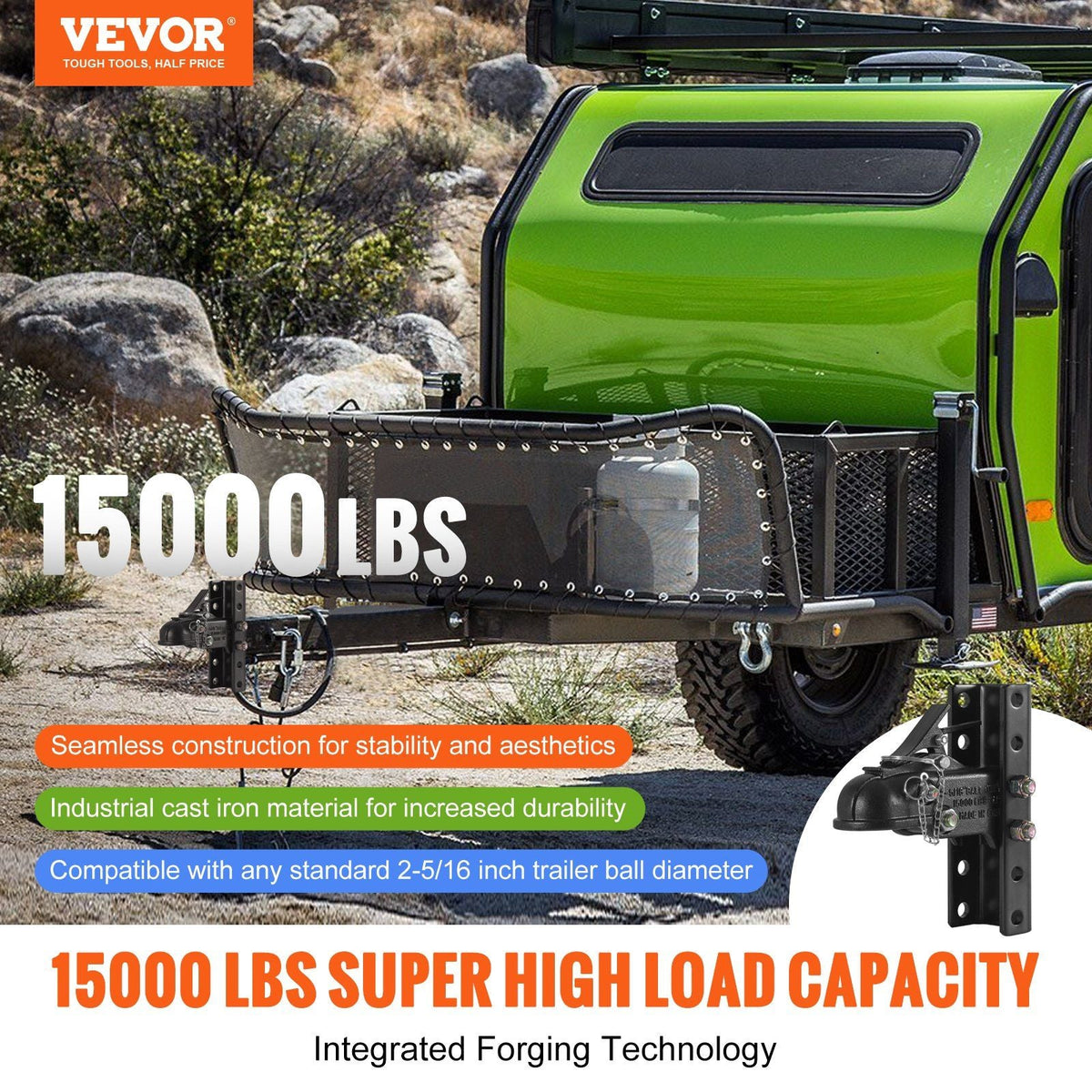 Adjustable Trailer Coupler and 5-Position Channel Bracket Kit, 2-5/16" Hitch Ball, 15000 lbs Capacity, Heavy Duty Cast Channel-Mount Coupler, for Towing Camper, Pickup Truck, SUV, Black Coating