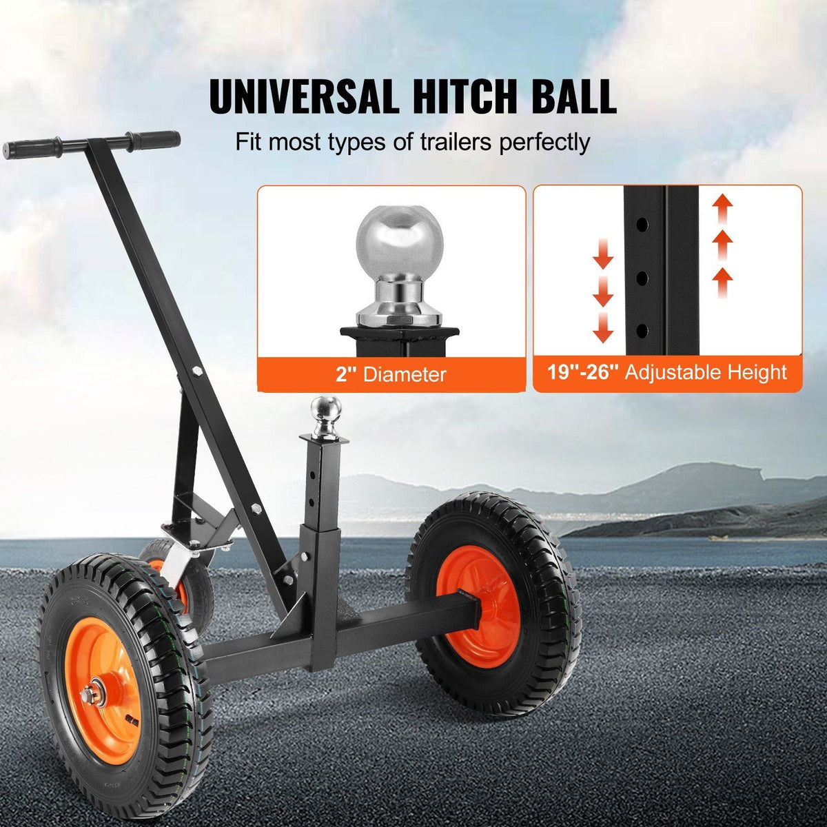 Adjustable Trailer Dolly, 1000lbs Tongue Weight Capacity, Carbon Steel Trailer Mover with 19''-26'' Adjustable Height & 2'' Ball, 16'' Pneumatic Tires & Universal Wheel, for Moving RV Trailer