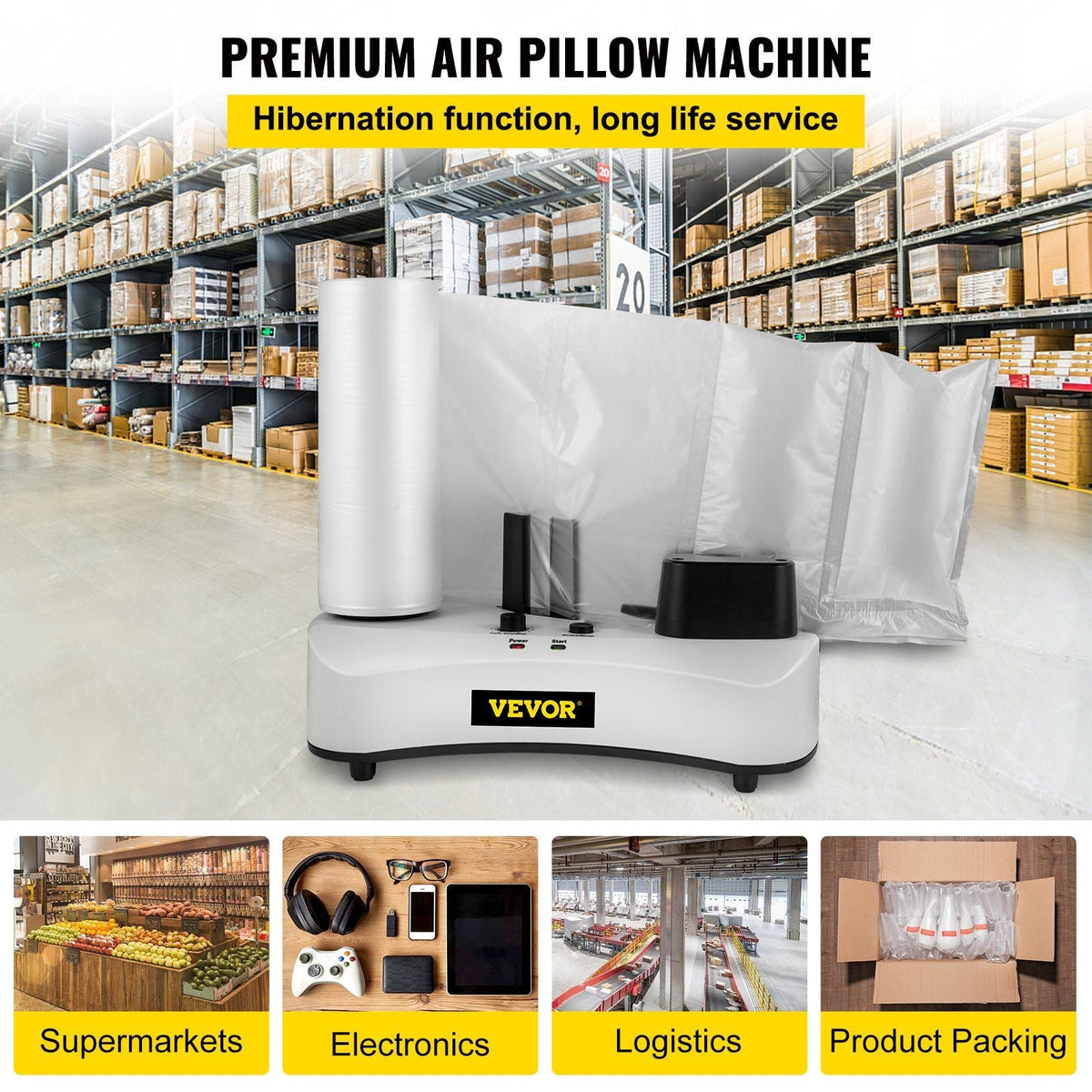 Air Cushion Machine, Sealing Speed 7.2-7.8 ft/min Air Pillow Machine, 110V Air Pillow Packaging Machine, Portable Air Cushion Wrap Machine for Inflatable Packaging+164 ft/50 m Test Film Roll