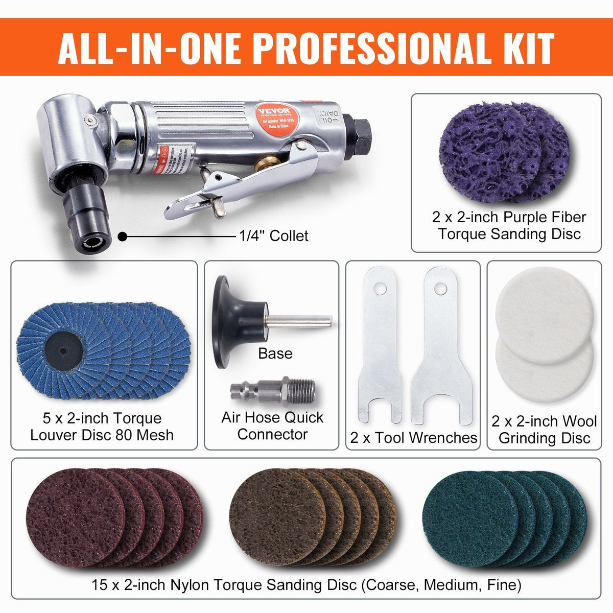 Air Die Grinder, 1/4" Right Angle Die Grinder 20000RPM, Lightweight, Ball Bearing Construction, 24PCS Discs for Grinding, Polishing, Deburring, Rust Removal