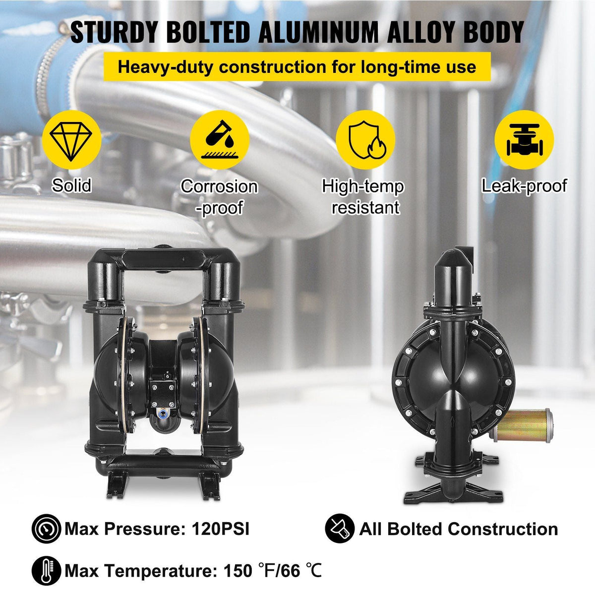 Air-Operated Double Diaphragm Pump, 2 inch Inlet & Outlet, Aluminum Alloy Body, 75 GPM & Max 120PSI, Nitrile Diaphragm Transfer Pump for Petroleum, Diesel, Oil and Low Viscosity Fluids
