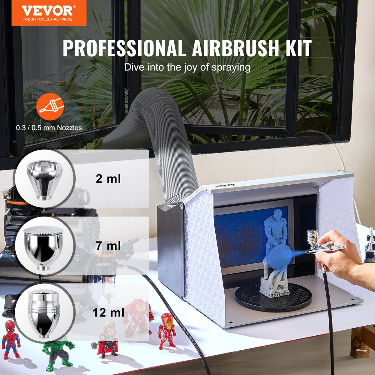 Airbrush Gun, Dual Action Gravity Feed with 0.3 mm and 0.5 mm Nozzles, Airbrush Kit with 2/7/12ml Copper Cups and Cleaning Accessories, Ideal for Painting Models, Desserts, Cakes, and Nail Art