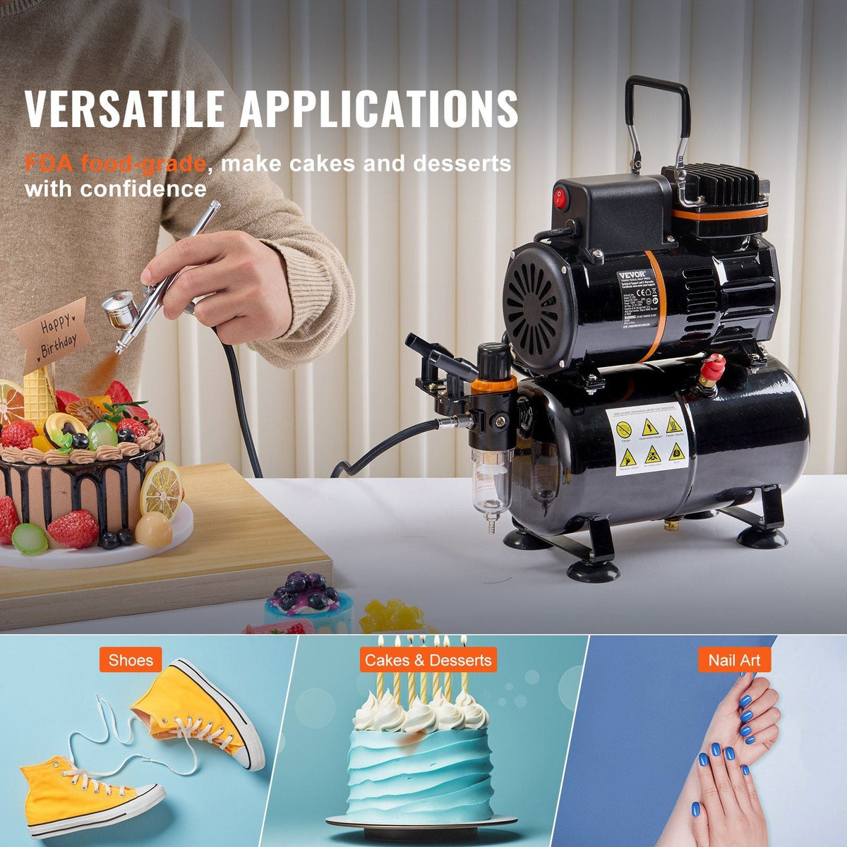 Airbrush Gun, Dual Action Gravity Feed with 0.3 mm and 0.5 mm Nozzles, Airbrush Kit with 2/7/12ml Copper Cups and Cleaning Accessories, Ideal for Painting Models, Desserts, Cakes, and Nail Art