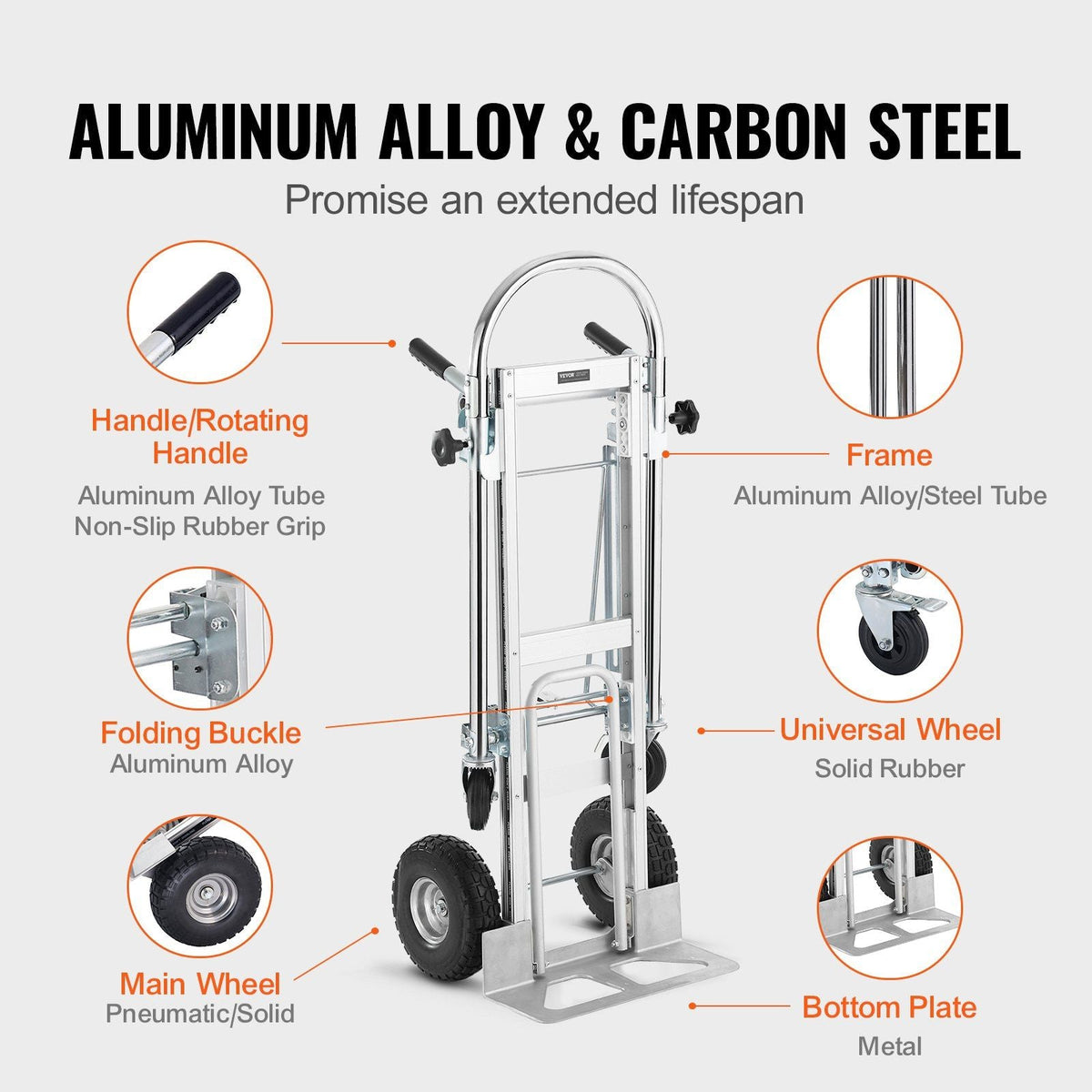 Aluminum Folding Hand Truck, 4 in 1 Design 1000 lbs Capacity, Heavy Duty Industrial Collapsible cart, Dolly Cart with Rubber Wheels for Transport and Moving in Warehouse, Supermarket, Garden