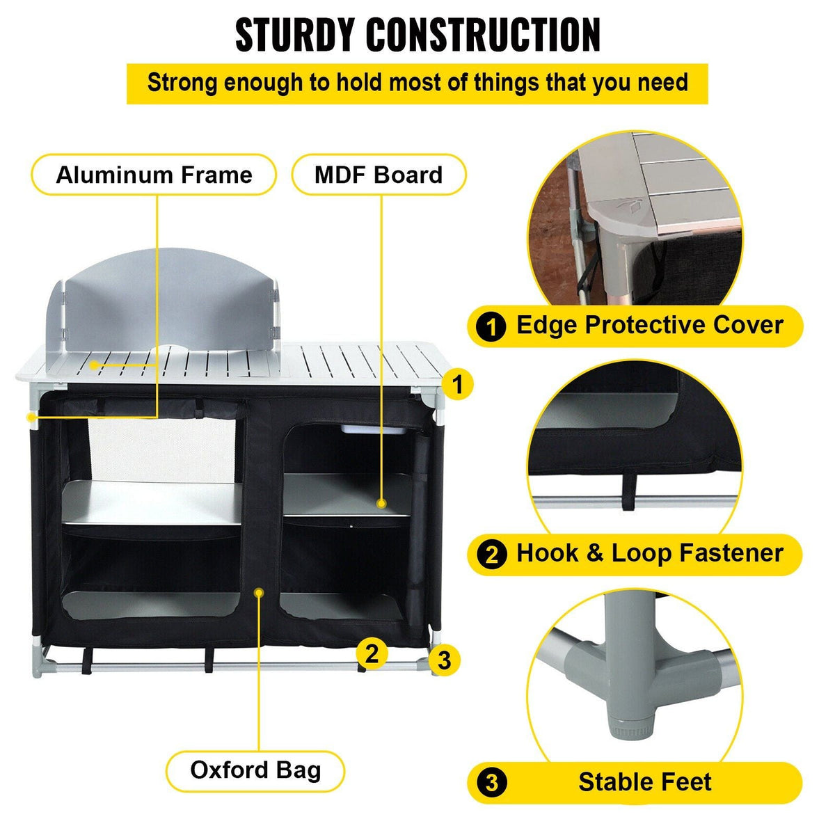 Aluminum Portable Camping Kitchen Detachable Windscreen Storage Organizer & Carrying Bag, Outdoor Grill Station for Picnic BBQ & Backyards, Black