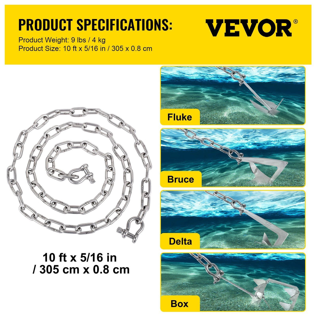 Anchor Chain, 10 ft x 5/16 in 316 Stainless Steel Chain, 3/8" Anchor Chain Shackle, 7120lbs Anchor Lead Chain Breaking Load, 9460lbs Anchor Chain Shackle Breaking Load, Anchor Chain for Boats