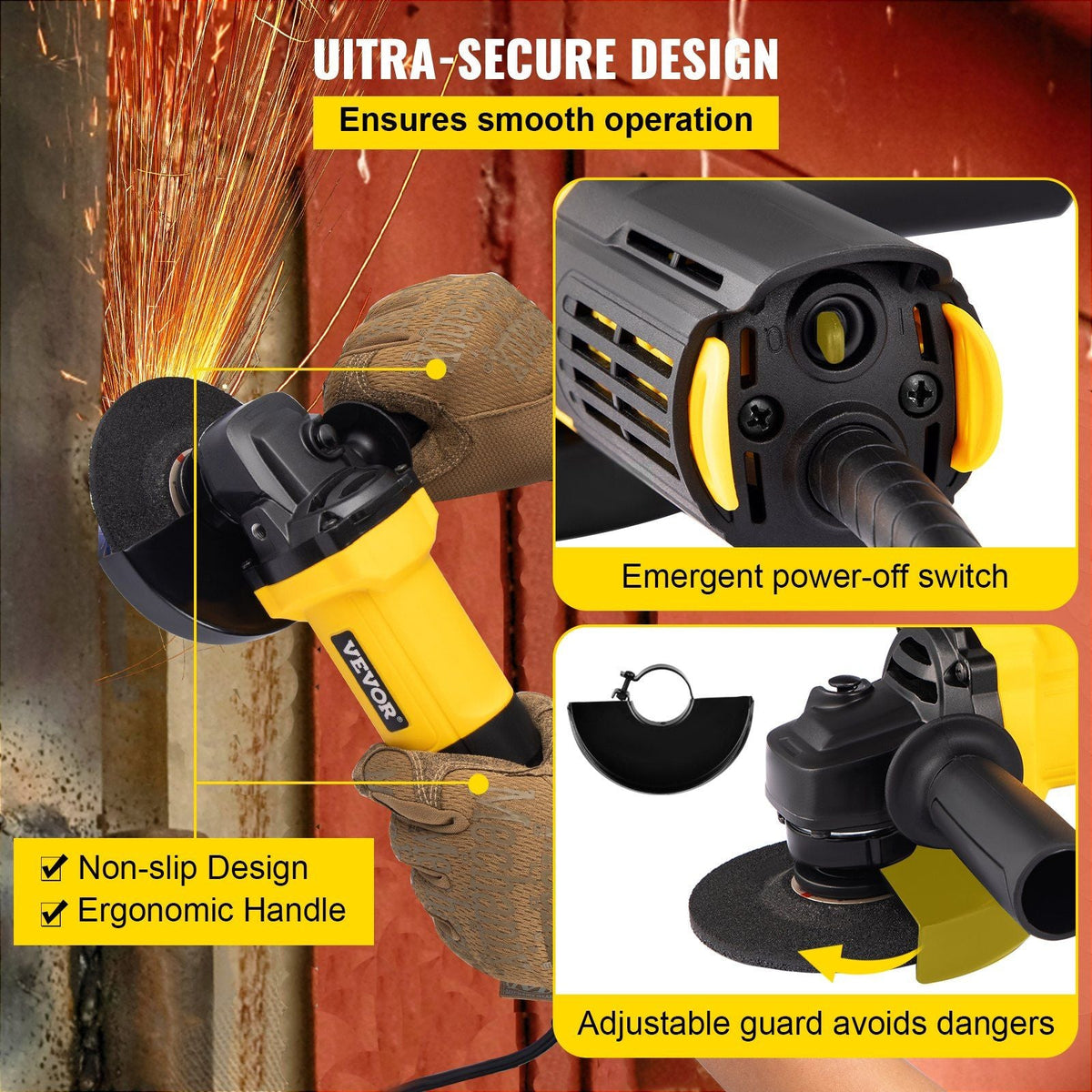 Angle Grinder, 4-1/2 Inch Powerful Grinder Tool 11Amp Power Grinder with Paddle Switch and 360° Rotational Guard, 12000rpm Power Angle Grinders for Cutting and Grinding Metal, Stone, Wood, etc