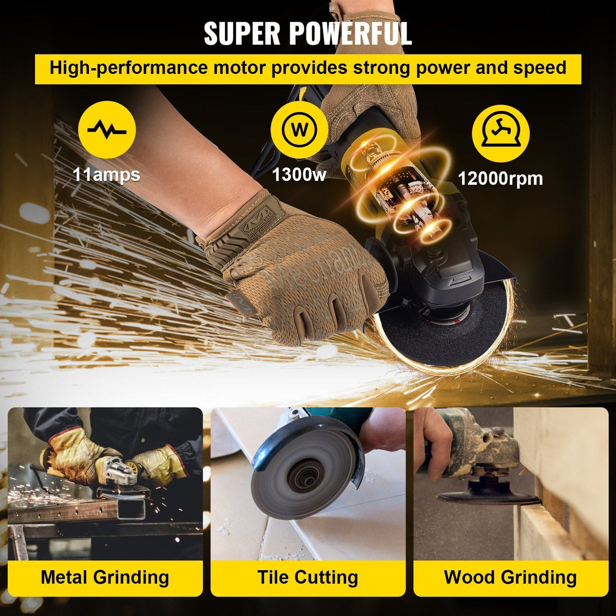 Angle Grinder, 4-1/2 Inch Powerful Grinder Tool 11Amp Power Grinder with Paddle Switch and 360° Rotational Guard, 12000rpm Power Angle Grinders for Cutting and Grinding Metal, Stone, Wood, etc