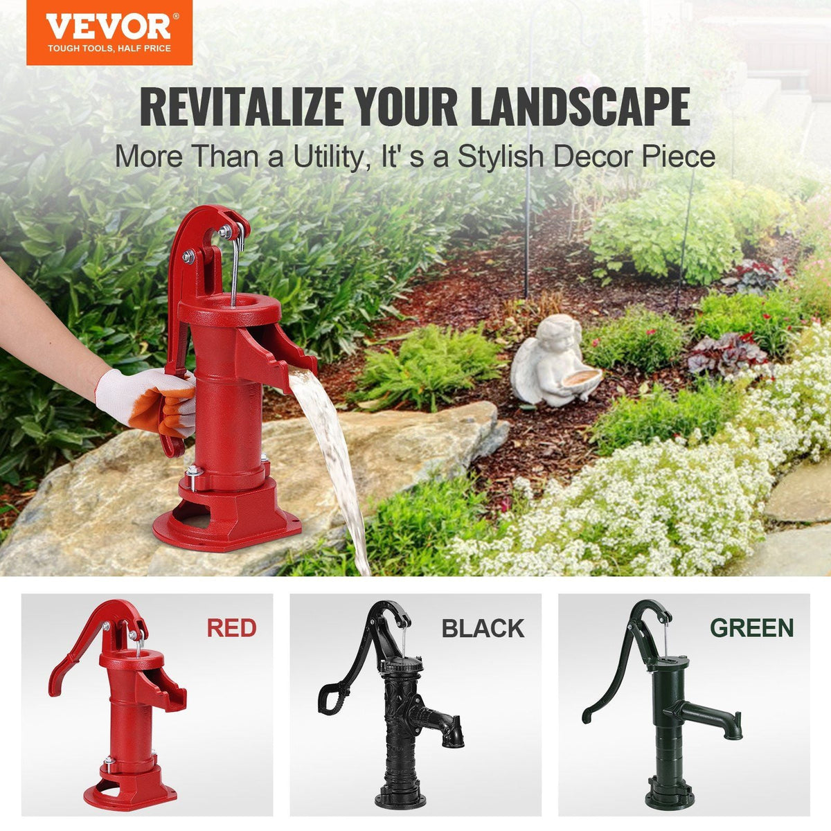 Antique Well Hand Pitcher Pump, 25 ft Maximum Lift, Cast Iron Manual Hand Water Pump with Ergonomic Handle G1-5/8" Easy Installation, Old Fashioned for Outdoor Home Yard Garden Pond Farm, Red
