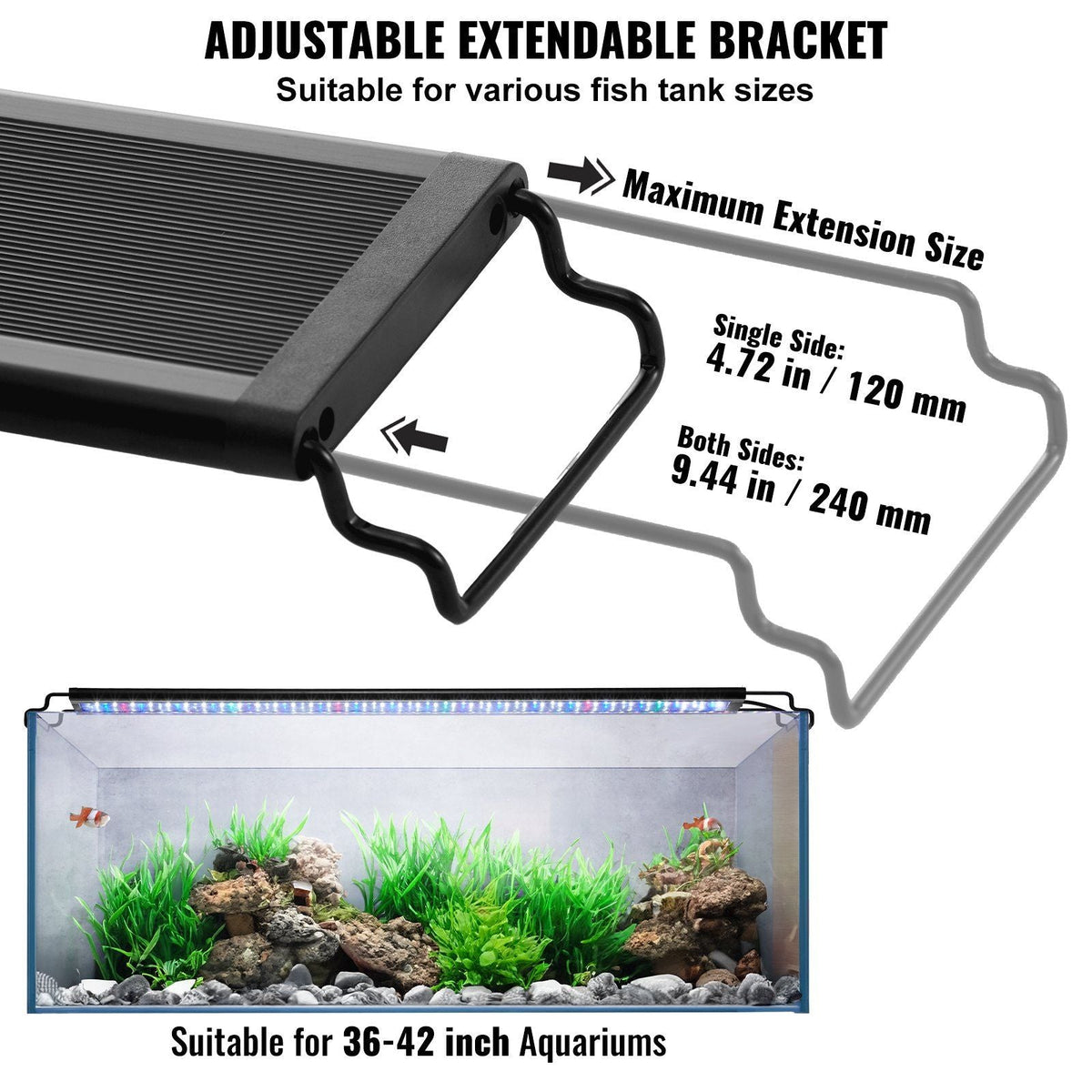 Aquarium Light, 36W Full Spectrum Fish Tank Light with 24/7 Natural Mode, Adjustable Timer & 5-Level Brightness, with Aluminum Alloy Shell Extendable Brackets for 36"-42" Freshwater Planted Tank