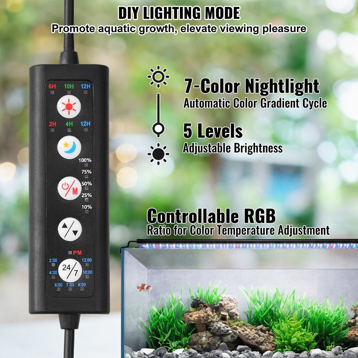 Aquarium Light, 48W Full Spectrum Fish Tank Light with 24/7 Natural Mode, Adjustable Timer & 5-Level Brightness, with Aluminum Alloy Shell Extendable Brackets for 48"-54" Freshwater Planted Tank