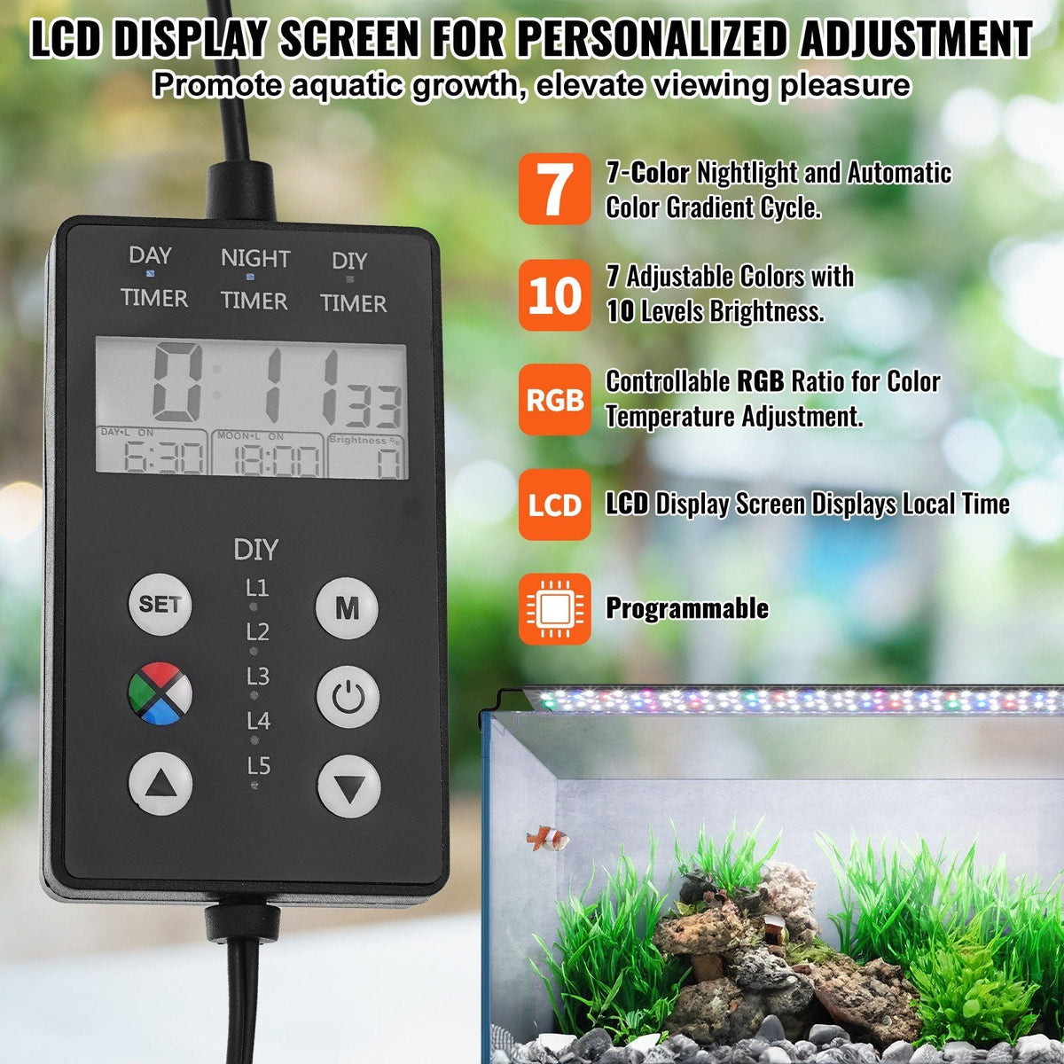 Aquarium Light with LCD Monitor, 36W Full Spectrum Fish Tank Light with 24/7 Natural Mode, Adjustable Brightness & Timer - Aluminum Alloy Shell Extendable Brackets for 36"-42" Freshwater Tank