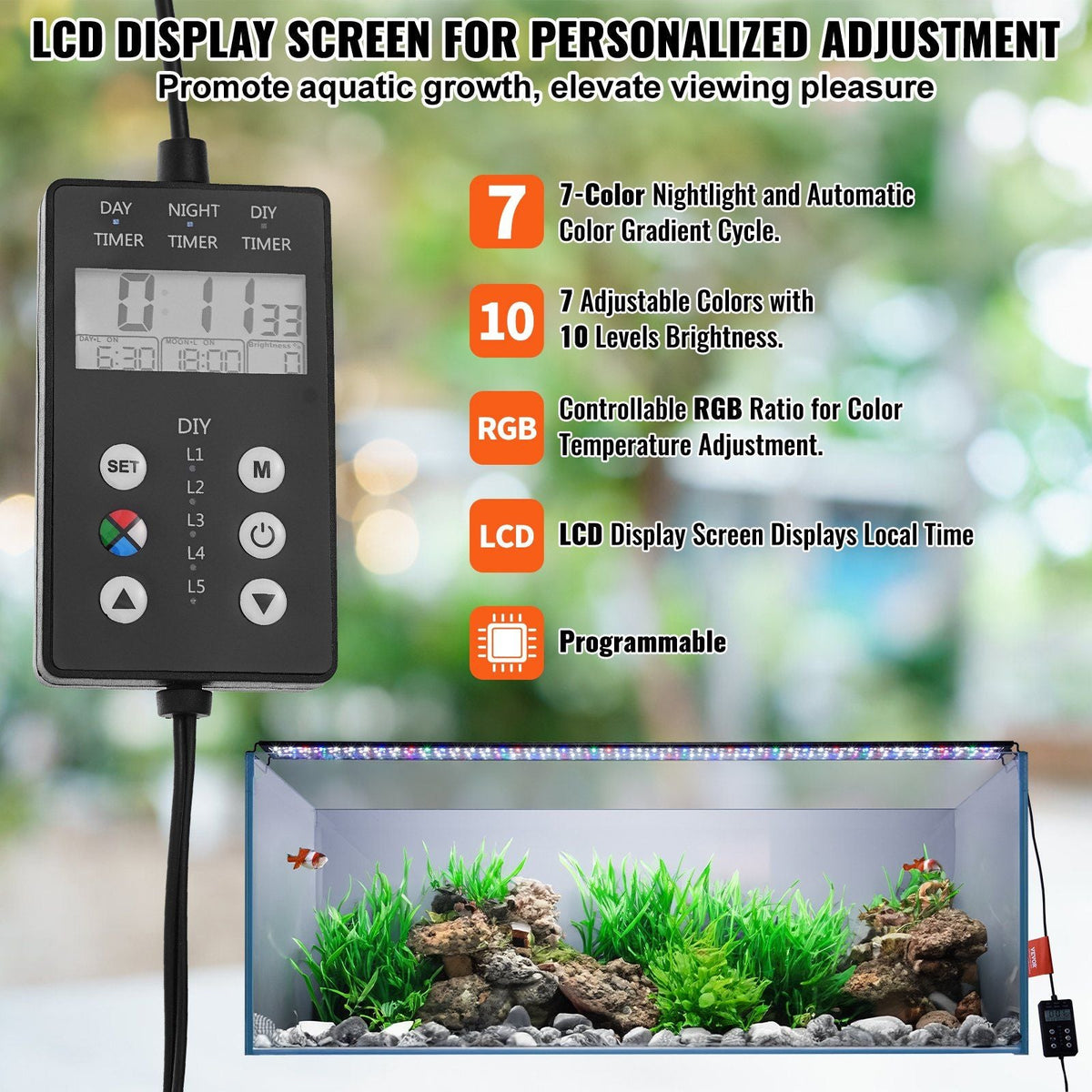 Aquarium Light with LCD Monitor, 42W Full Spectrum Fish Tank Light with 24/7 Natural Mode, Adjustable Brightness & Timer - Aluminum Alloy Shell Extendable Brackets for 48"-54" Freshwater Tank