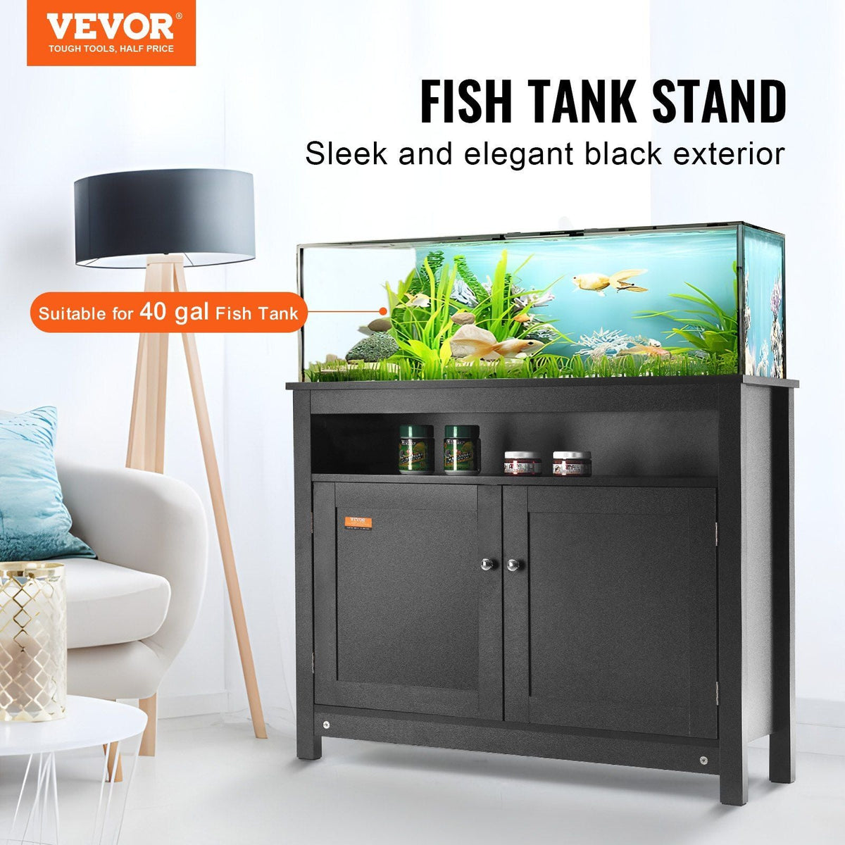 Aquarium Stand, 40 Gallon Fish Tank Stand, 36.5 x 15.7 x 30 in MDF Turtle Tank Stand, 335 lbs Load Capacity, Reptile Tank Stand with Storage, Cabinet and Hardware Kit, Black