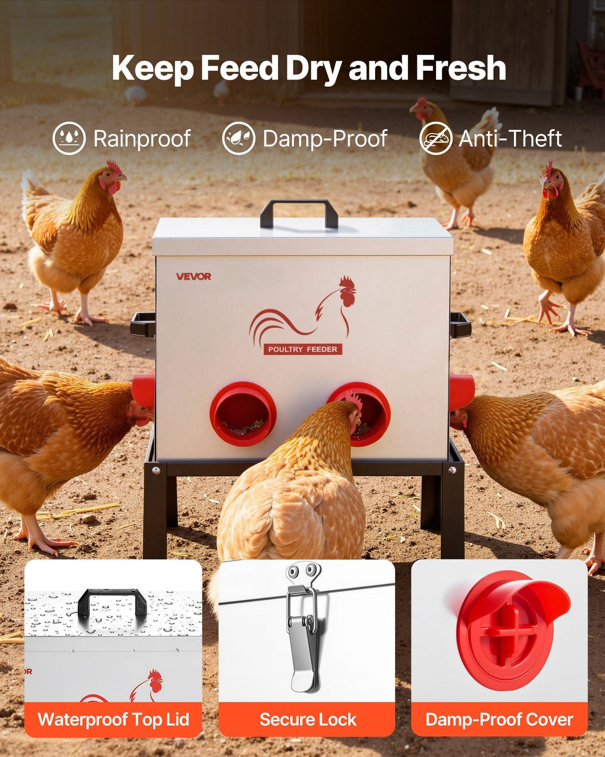 Automatic Chicken Feeder, 40 lbs Capacity, 6 Feeding Ports No-Waste Poultry Feeder with Built-In Divider, with Latch & Handle, Metal Construction, for Chickens Bantams Pheasants Poultry Coop