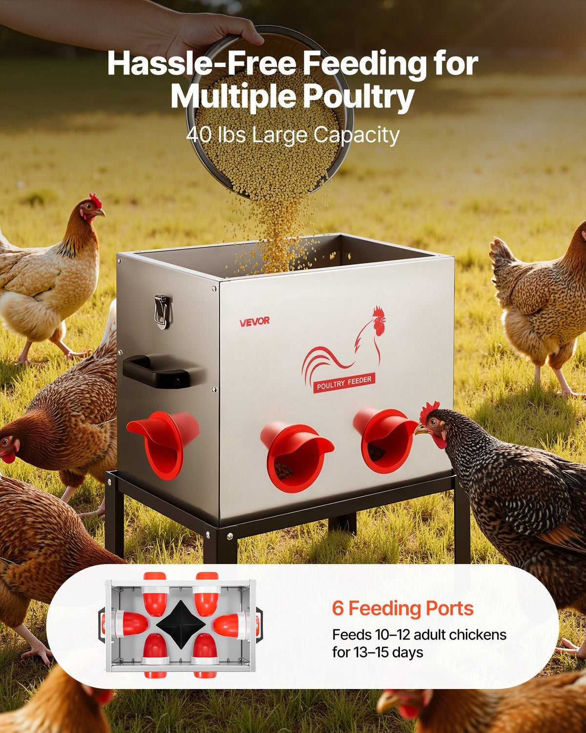 Automatic Chicken Feeder, 40 lbs Capacity, 6 Feeding Ports No-Waste Poultry Feeder with Built-In Divider, with Latch & Handle, Metal Construction, for Chickens Bantams Pheasants Poultry Coop