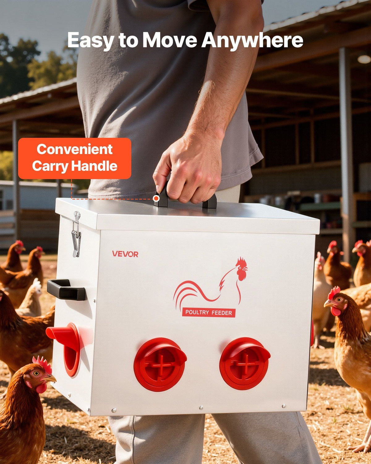 Automatic Chicken Feeder, 40 lbs Capacity, 6 Feeding Ports No-Waste Poultry Feeder with Built-In Divider, with Latch & Handle, Metal Construction, for Chickens Bantams Pheasants Poultry Coop