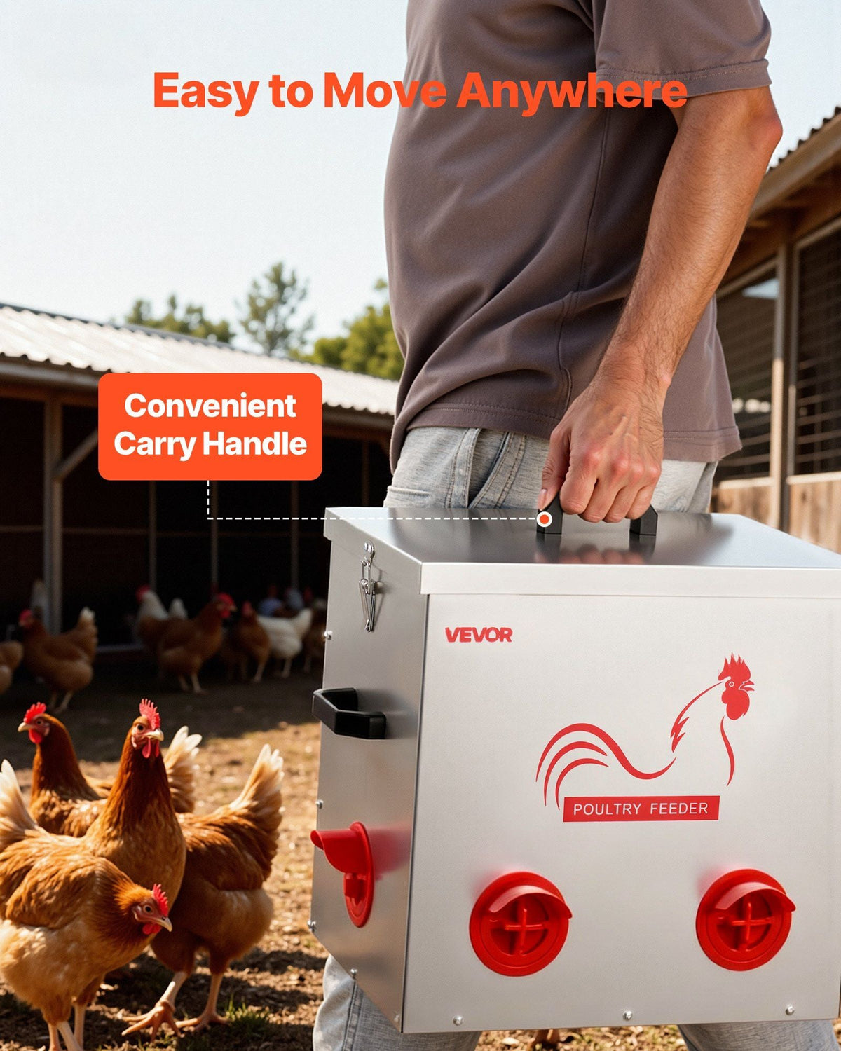 Automatic Chicken Feeder, 50 lbs Capacity, 6 Feeding Ports No-Waste Poultry Feeder with Built-In Divider, with Latch & Handle, Metal Construction, for Chickens Bantams Pheasants Poultry Coop