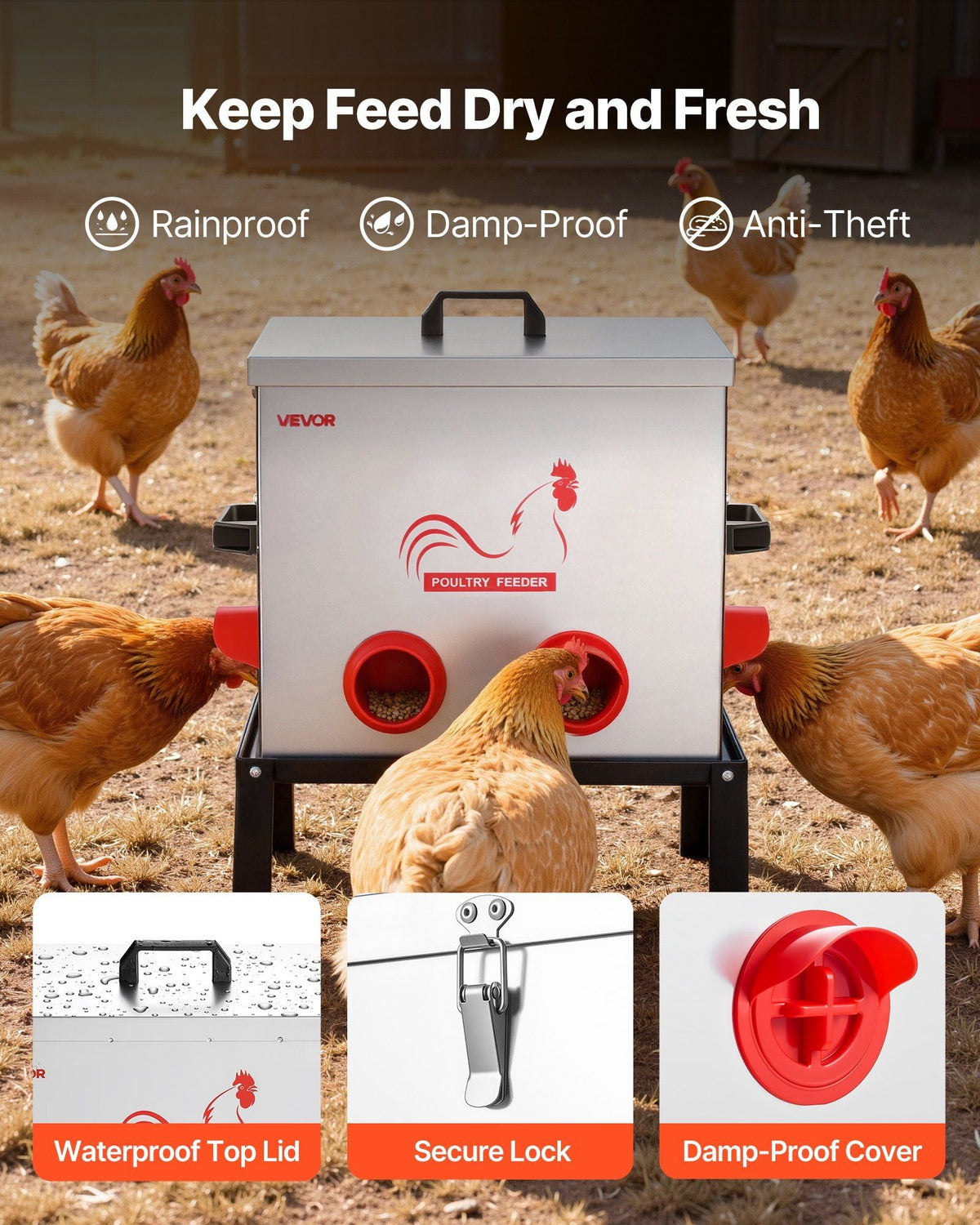 Automatic Chicken Feeder, 50 lbs Capacity, 6 Feeding Ports No-Waste Poultry Feeder with Built-In Divider, with Latch & Handle, Metal Construction, for Chickens Bantams Pheasants Poultry Coop