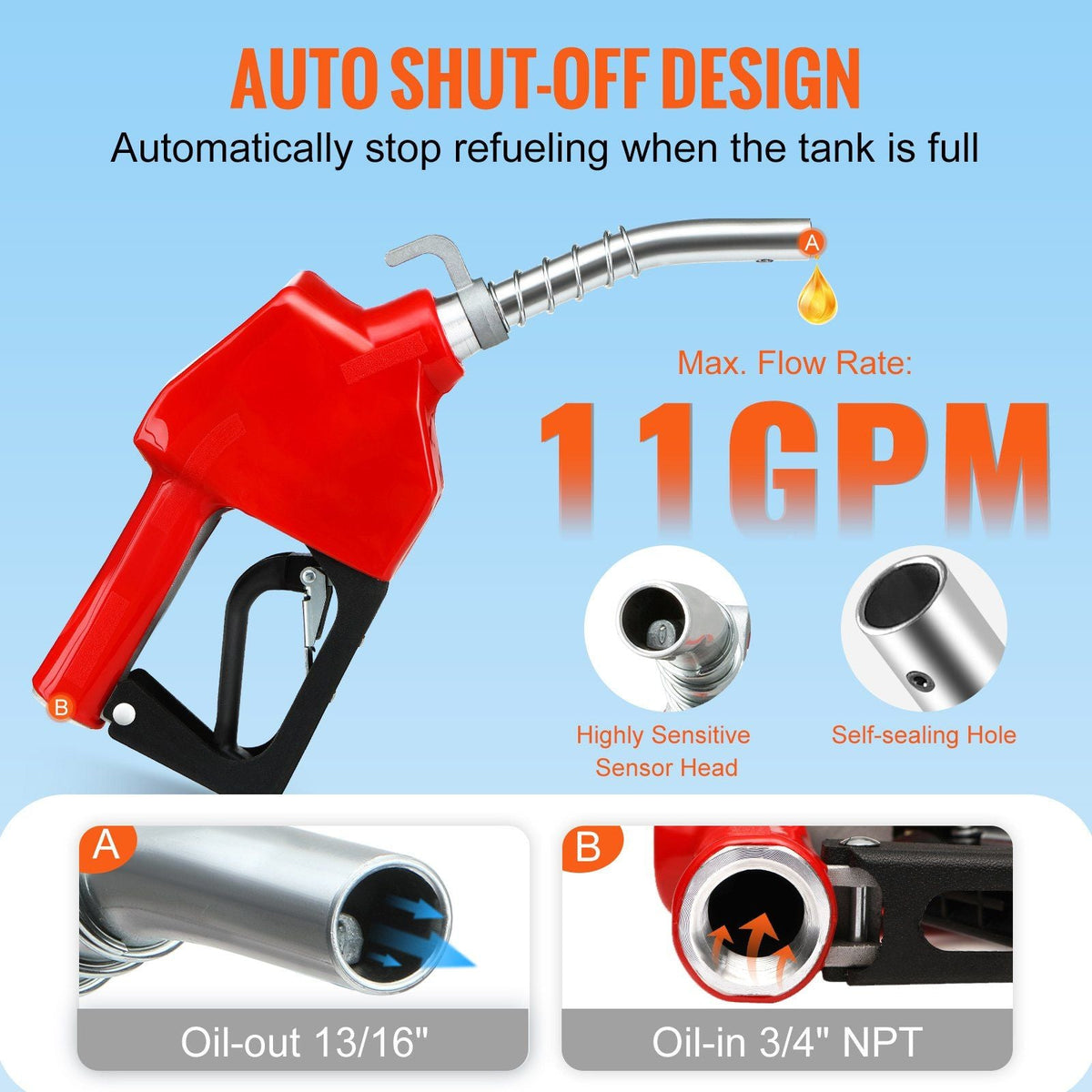 Automatic Fuel Nozzle Shut Off Fuel Refilling 3/4" NPT 13/16" Spout Diesel