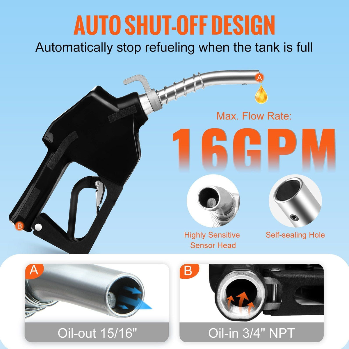 Automatic Fuel Nozzle Shut Off Fuel Refilling 3/4" NPT 15/16" Spout Diesel