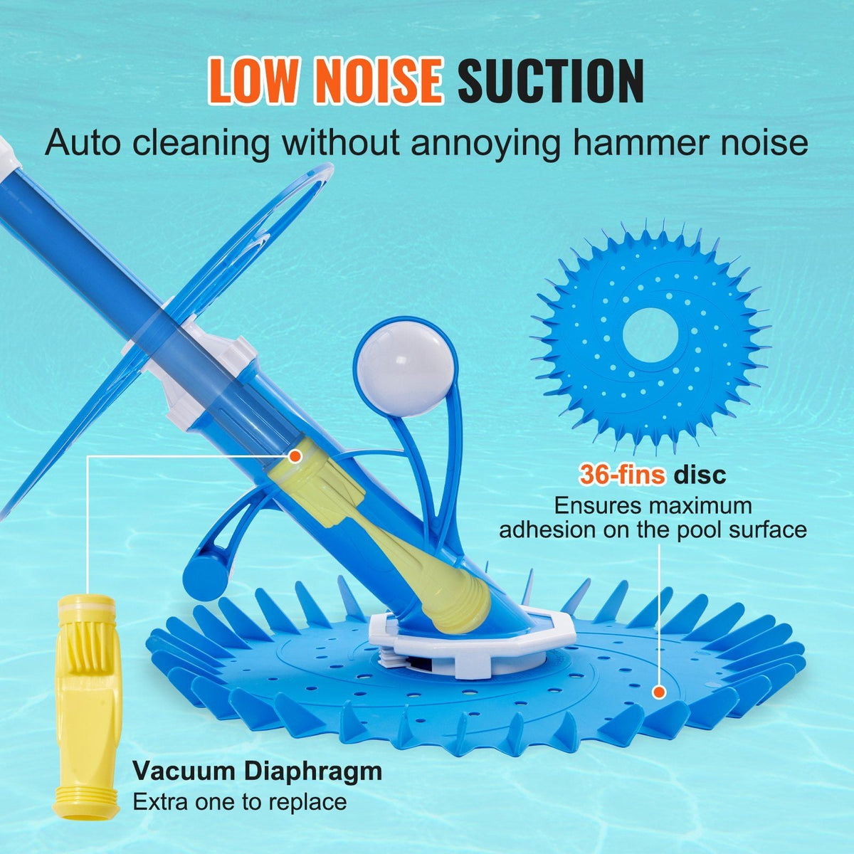 Automatic Suction Pool Cleaner, Low Noise Pool Vacuum Cleaner with Extra Diaphragm, 10 x 32 in Hoses & 36-Fin Disc, Side Climbing Pool Cleaners for Above-Ground & In-ground Swimming Pool