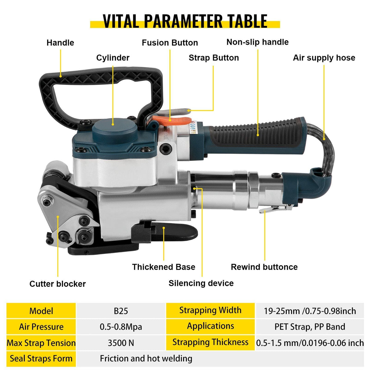 B25 Pneumatic Strapping Tool, Hand Held Strapping Machine for 0.75-0.98 inch PP/PET Belt, Pneumatic Strapping Machine with 3500N Max Tension, for 0.5-1.5mm Plastic Belt