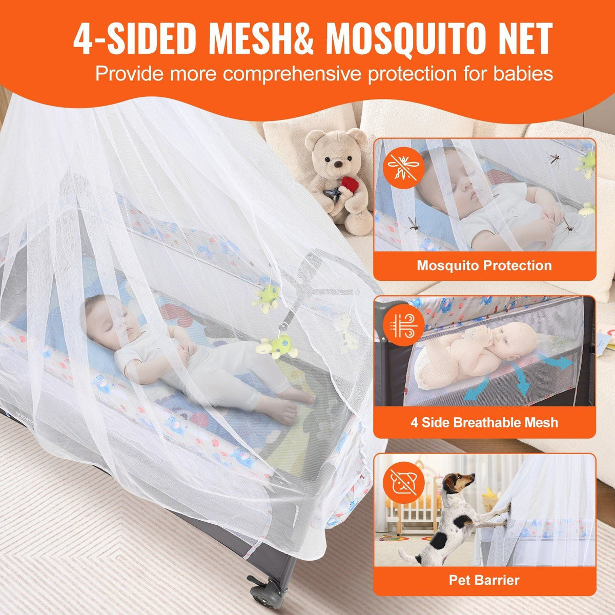 Baby Bassinet, 12-Level Height Adjustable Easy to Fold Portable Baby Bassinet Bedside Sleeper with Storage Basket & Wheels, Baby Cradle Bedside Crib with Mosquito Net for Infant Newborn Girl Boy