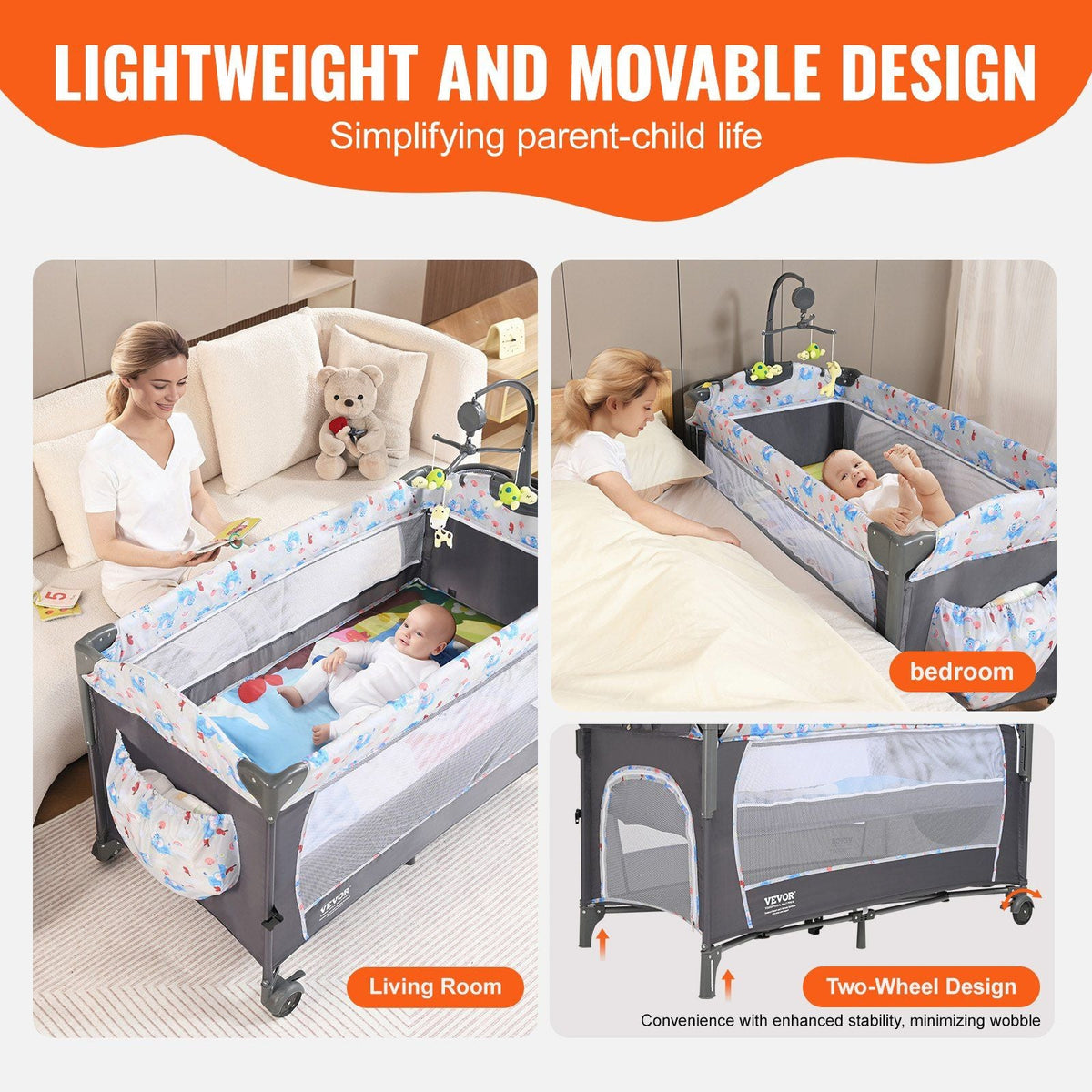 Baby Bassinet, 12-Level Height Adjustable Easy to Fold Portable Baby Bassinet Bedside Sleeper with Storage Basket & Wheels, Baby Cradle Bedside Crib with Mosquito Net for Infant Newborn Girl Boy