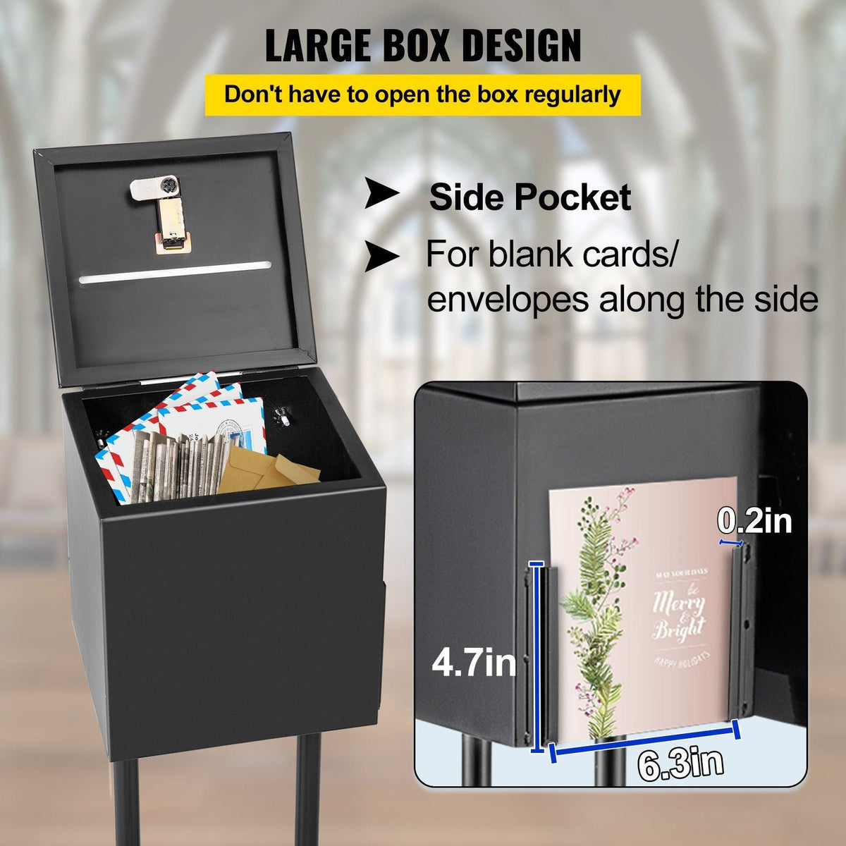 Ballot Box, Floor Standing Suggestion Box with Sign Holder and Lock, Side Pocket for Storing Ballots, Brochures, Donation Box for Home Office Church Election, 8.6\"W x 9.4\"H x 8\"D, Black