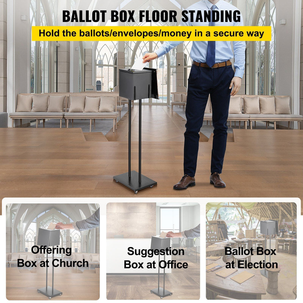 Ballot Box, Floor Standing Suggestion Box with Sign Holder and Lock, Side Pocket for Storing Ballots, Brochures, Donation Box for Home Office Church Election, 8.6\"W x 9.4\"H x 8\"D, Black