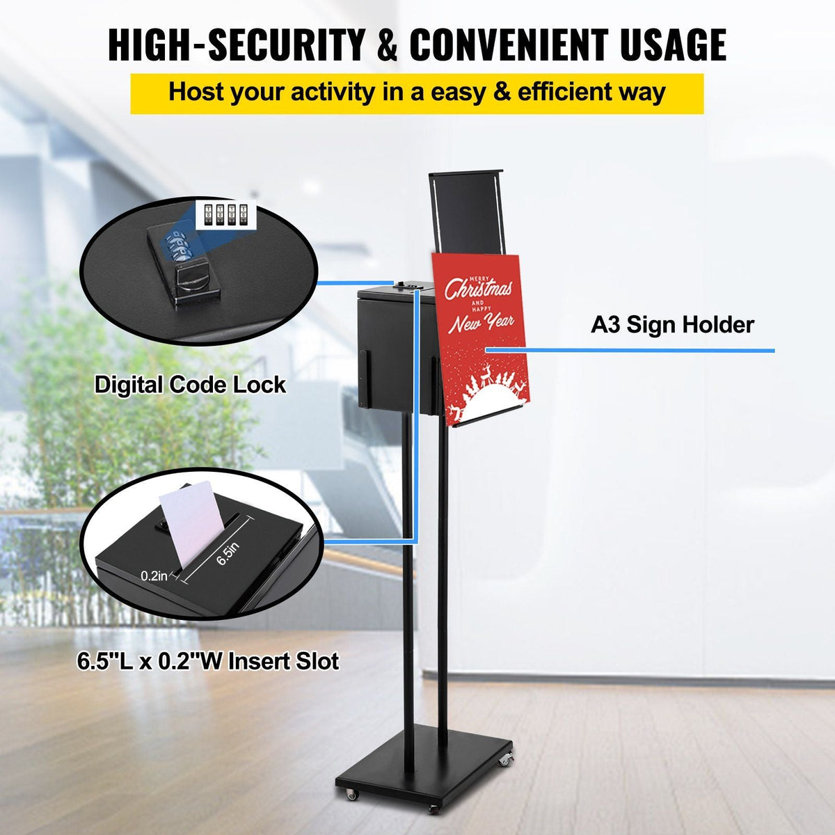 Ballot Box, Floor Standing Suggestion Box with Sign Holder and Lock, Side Pocket for Storing Ballots, Brochures, Donation Box for Home Office Church Election, 8.6\"W x 9.4\"H x 8\"D, Black
