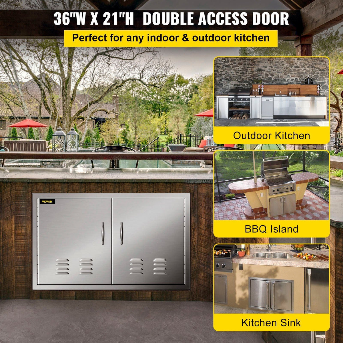 BBQ Island Door 36 x 21 Beveled Frame Vented Double Access Door Stainless Stainless Steel for Outdoor Kitchen