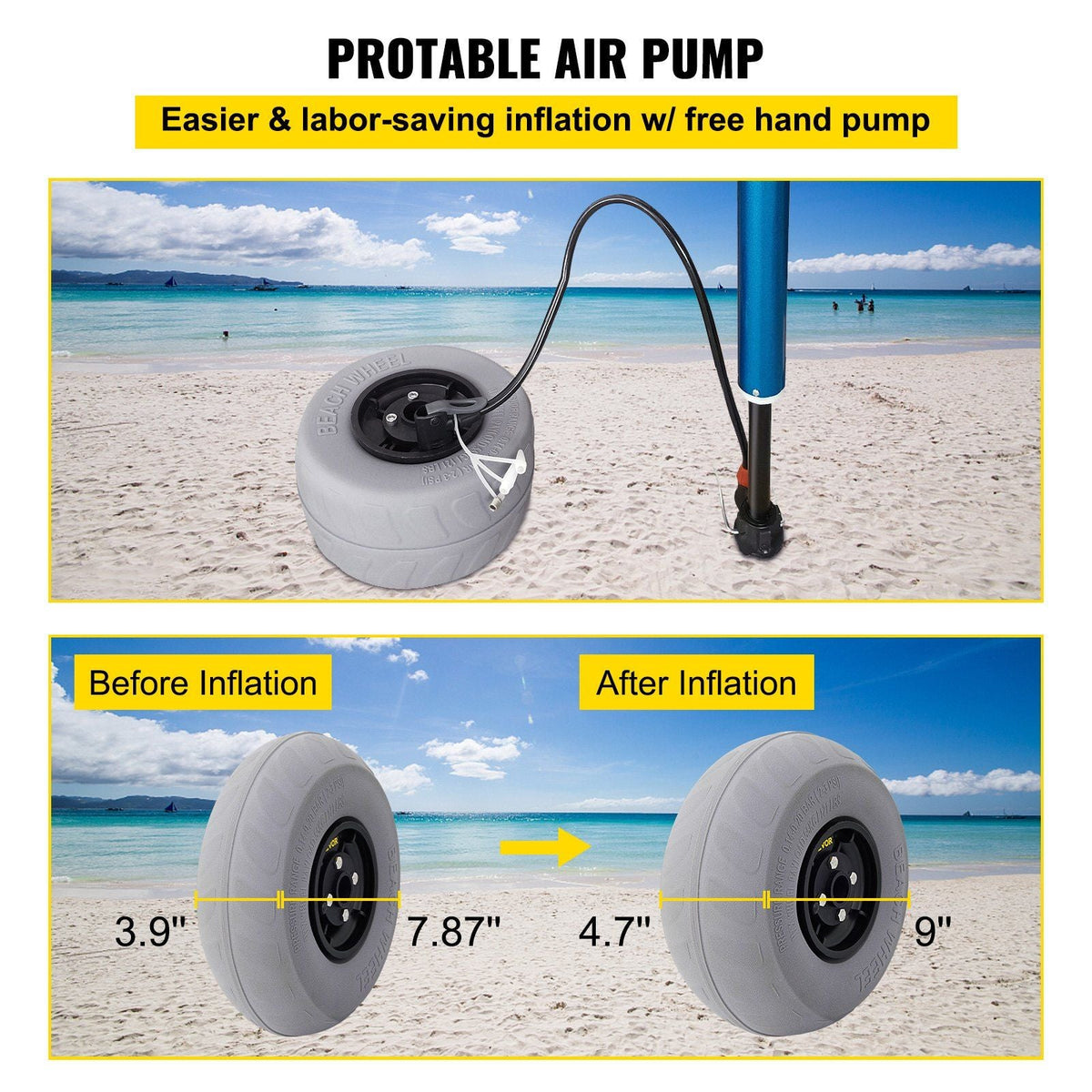 Beach Balloon Wheels, 9" Replacement Sand Tires, PVC Cart Tires for Kayak Dolly, Canoe Cart and Buggy w/Free Air Pump, 2-Pack