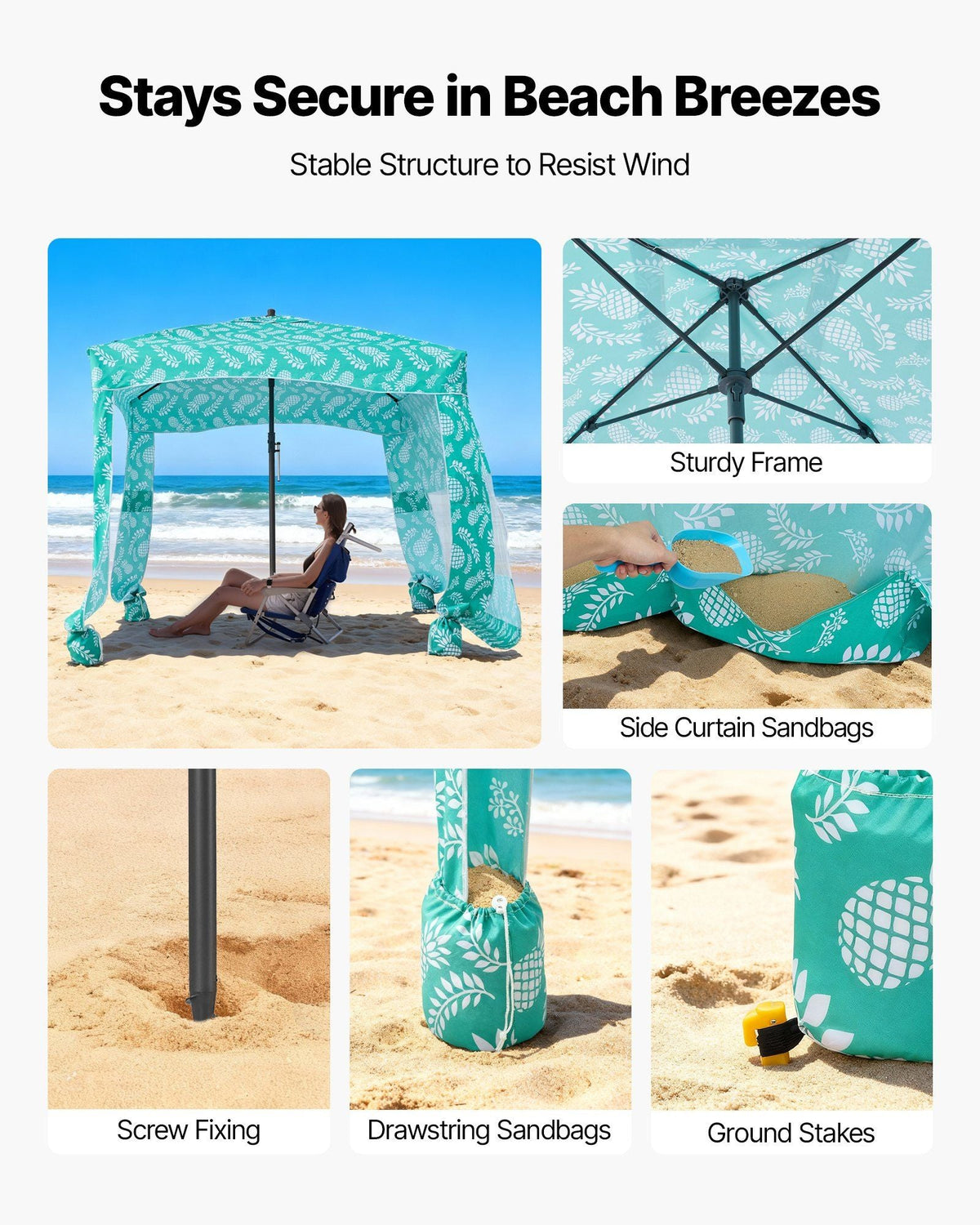 Beach Cabana, 6 x 6 ft Beach Canopy with Side Wall, UPF 50+ Protection Easy Setup Cabana Tent with Sand Pockets, Large Portable Shade Sun Shelter, Outdoor Umbrella for Whole Family & Friends