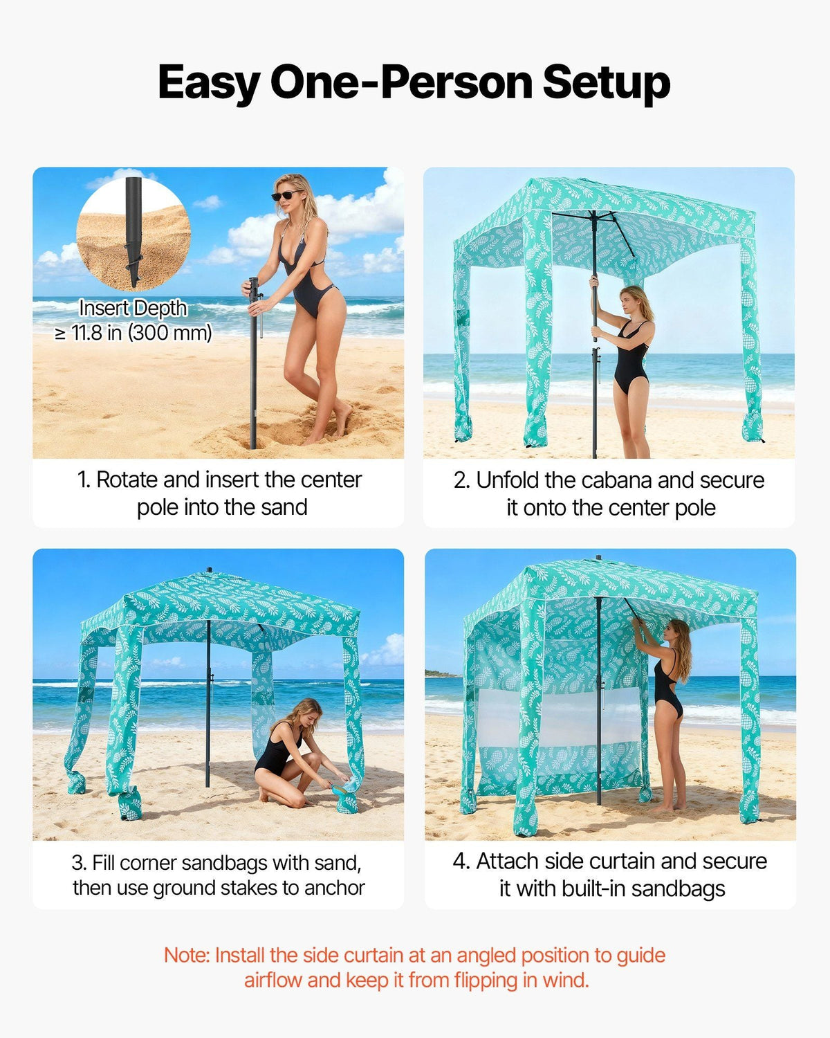 Beach Cabana, 6 x 6 ft Beach Canopy with Side Wall, UPF 50+ Protection Easy Setup Cabana Tent with Sand Pockets, Large Portable Shade Sun Shelter, Outdoor Umbrella for Whole Family & Friends