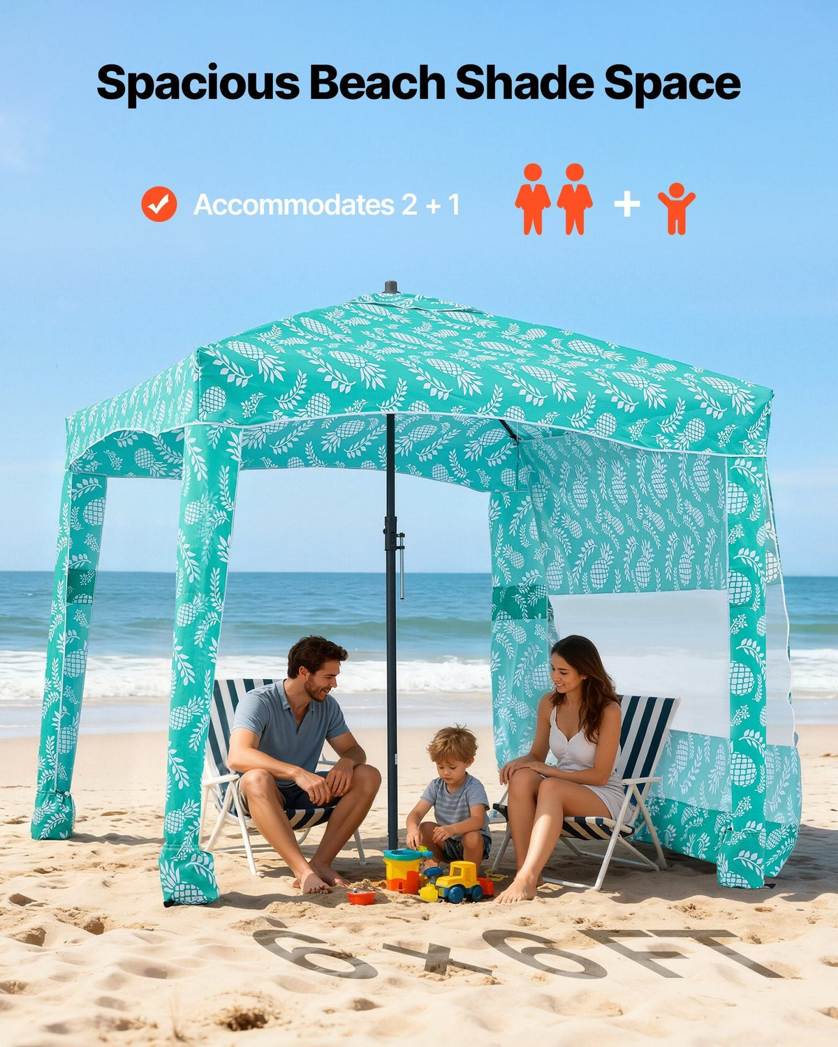 Beach Cabana, 6 x 6 ft Beach Canopy with Side Wall, UPF 50+ Protection Easy Setup Cabana Tent with Sand Pockets, Large Portable Shade Sun Shelter, Outdoor Umbrella for Whole Family & Friends
