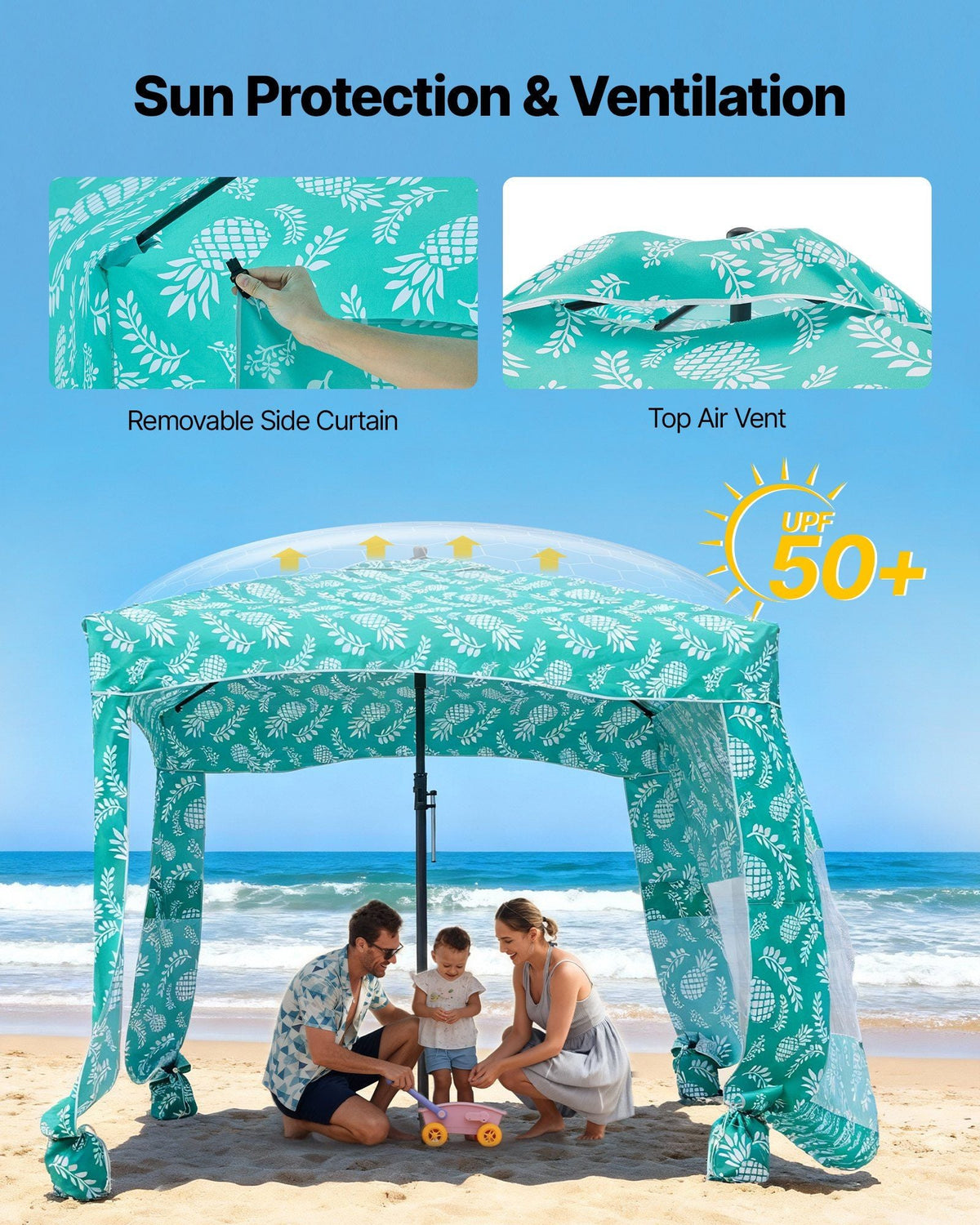 Beach Cabana, 6 x 6 ft Beach Canopy with Side Wall, UPF 50+ Protection Easy Setup Cabana Tent with Sand Pockets, Large Portable Shade Sun Shelter, Outdoor Umbrella for Whole Family & Friends