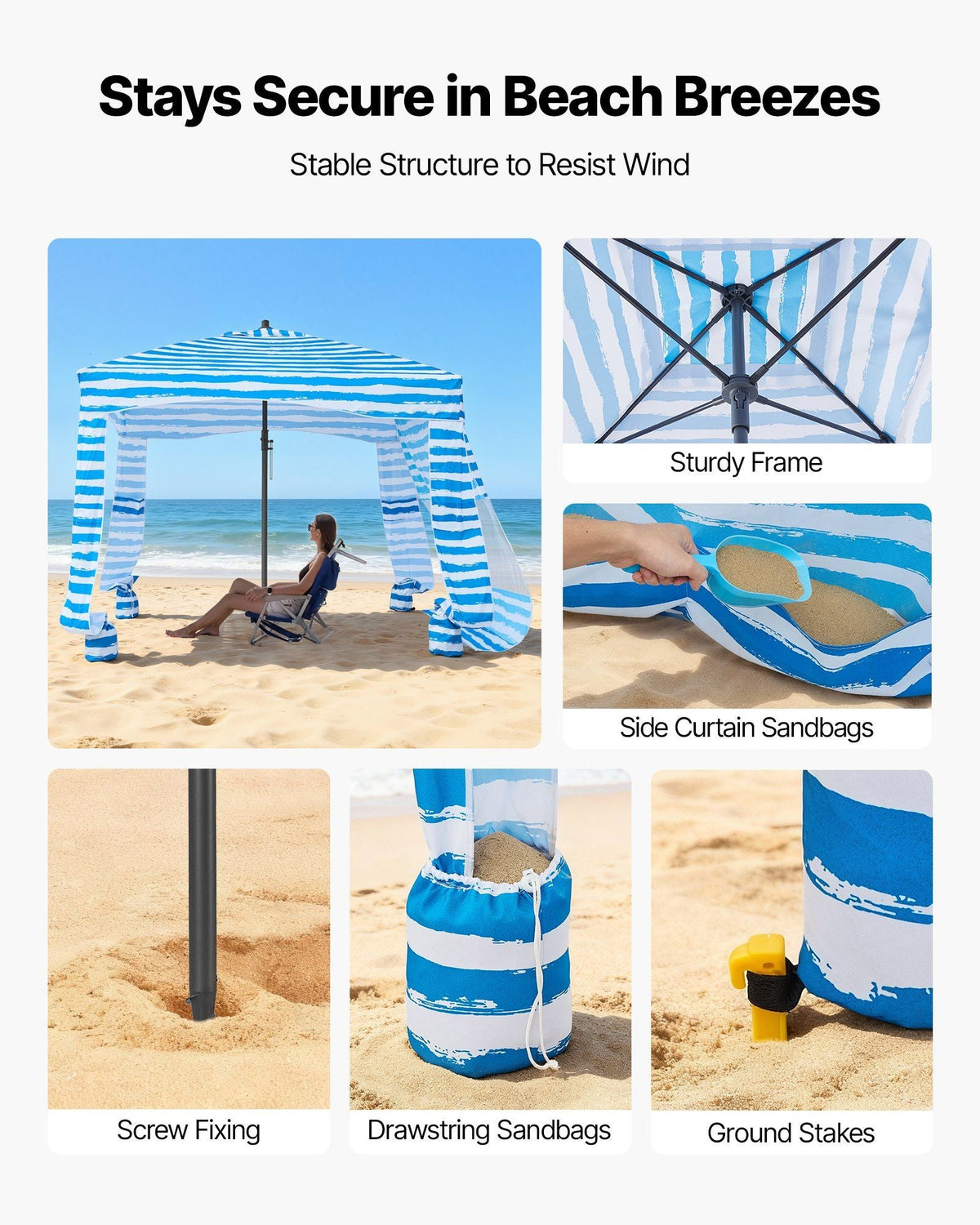 Beach Cabana, 6 x 6 ft Beach Canopy with Side Wall, UPF 50+ Protection Easy Setup Cabana Tent with Sand Pockets, Portable Shade Sun Shelter Umbrella for Whole Family & Friends, Blue Stripes