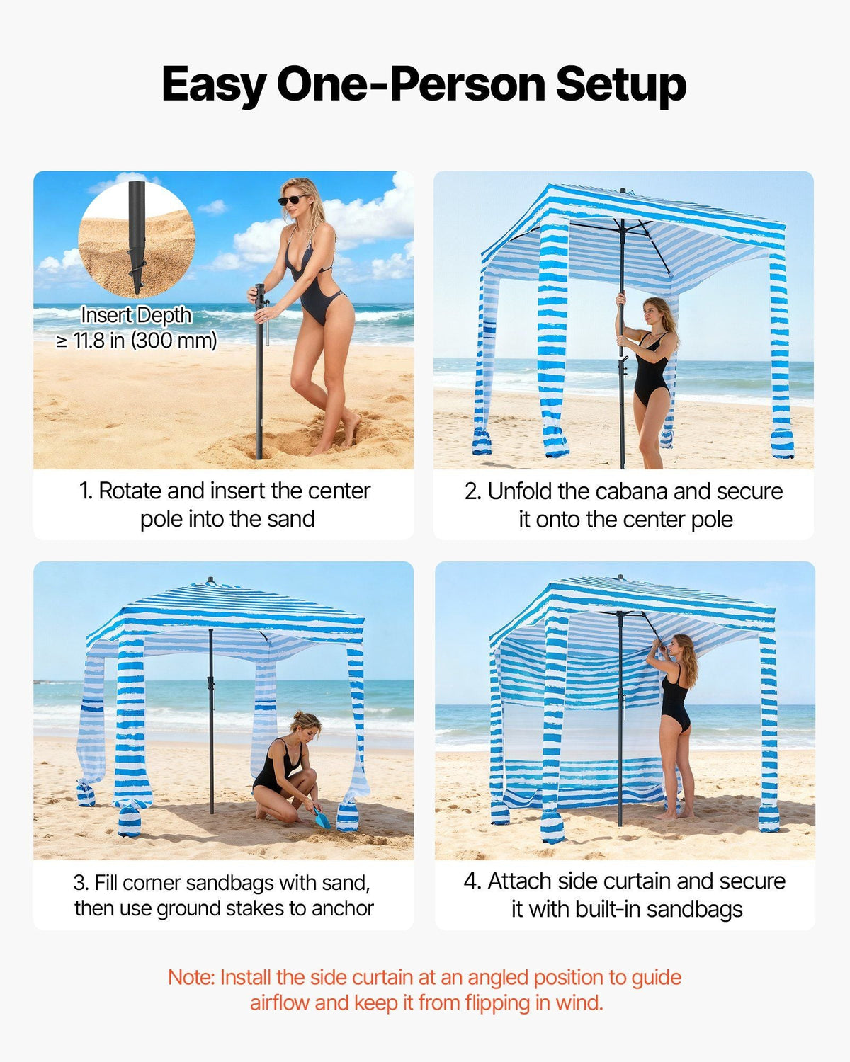 Beach Cabana, 6 x 6 ft Beach Canopy with Side Wall, UPF 50+ Protection Easy Setup Cabana Tent with Sand Pockets, Portable Shade Sun Shelter Umbrella for Whole Family & Friends, Blue Stripes