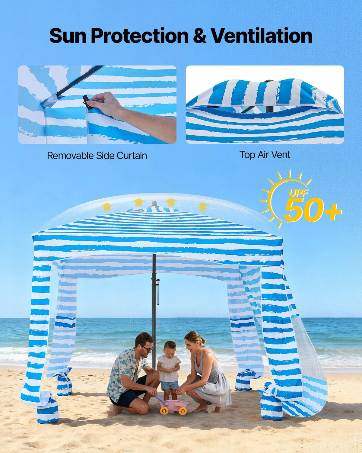 Beach Cabana, 6 x 6 ft Beach Canopy with Side Wall, UPF 50+ Protection Easy Setup Cabana Tent with Sand Pockets, Portable Shade Sun Shelter Umbrella for Whole Family & Friends, Blue Stripes