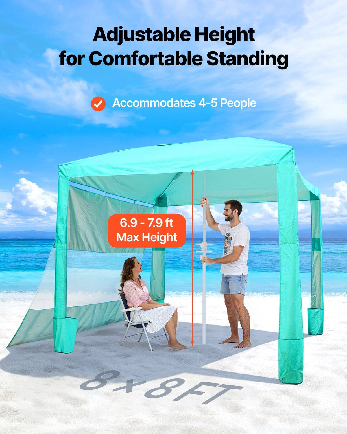 Beach Cabana, 8 x 8 ft Beach Canopy with Side Wall, UPF 50+ Protection Easy Setup Cabana Tent with Sand Pockets, Adjustable Height Portable Shade Sun Shelter Umbrella for Family & Friends, Green