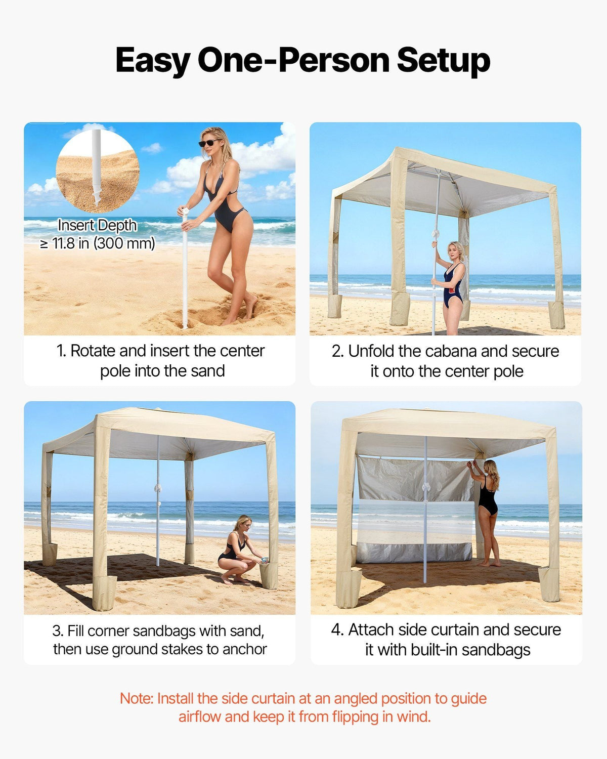 Beach Cabana, 8 x 8 ft Beach Canopy with Side Wall, UPF 50+ Protection Easy Setup Cabana Tent with Sand Pockets, Adjustable Height Portable Shade Sun Shelter Umbrella for Family & Friends, Khaki