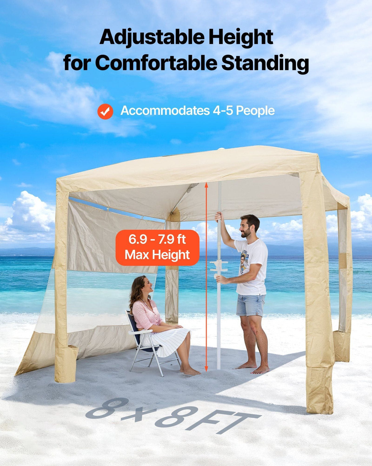 Beach Cabana, 8 x 8 ft Beach Canopy with Side Wall, UPF 50+ Protection Easy Setup Cabana Tent with Sand Pockets, Adjustable Height Portable Shade Sun Shelter Umbrella for Family & Friends, Khaki